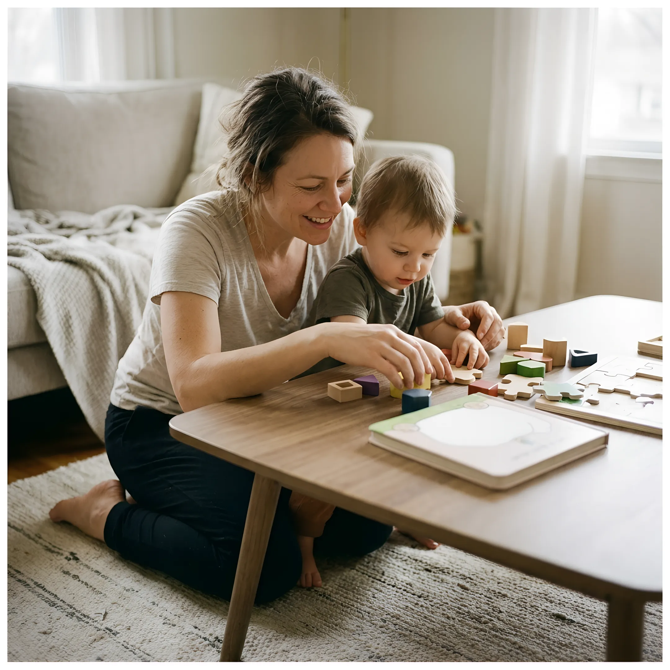 Care professional assisting a child with specialized learning tools