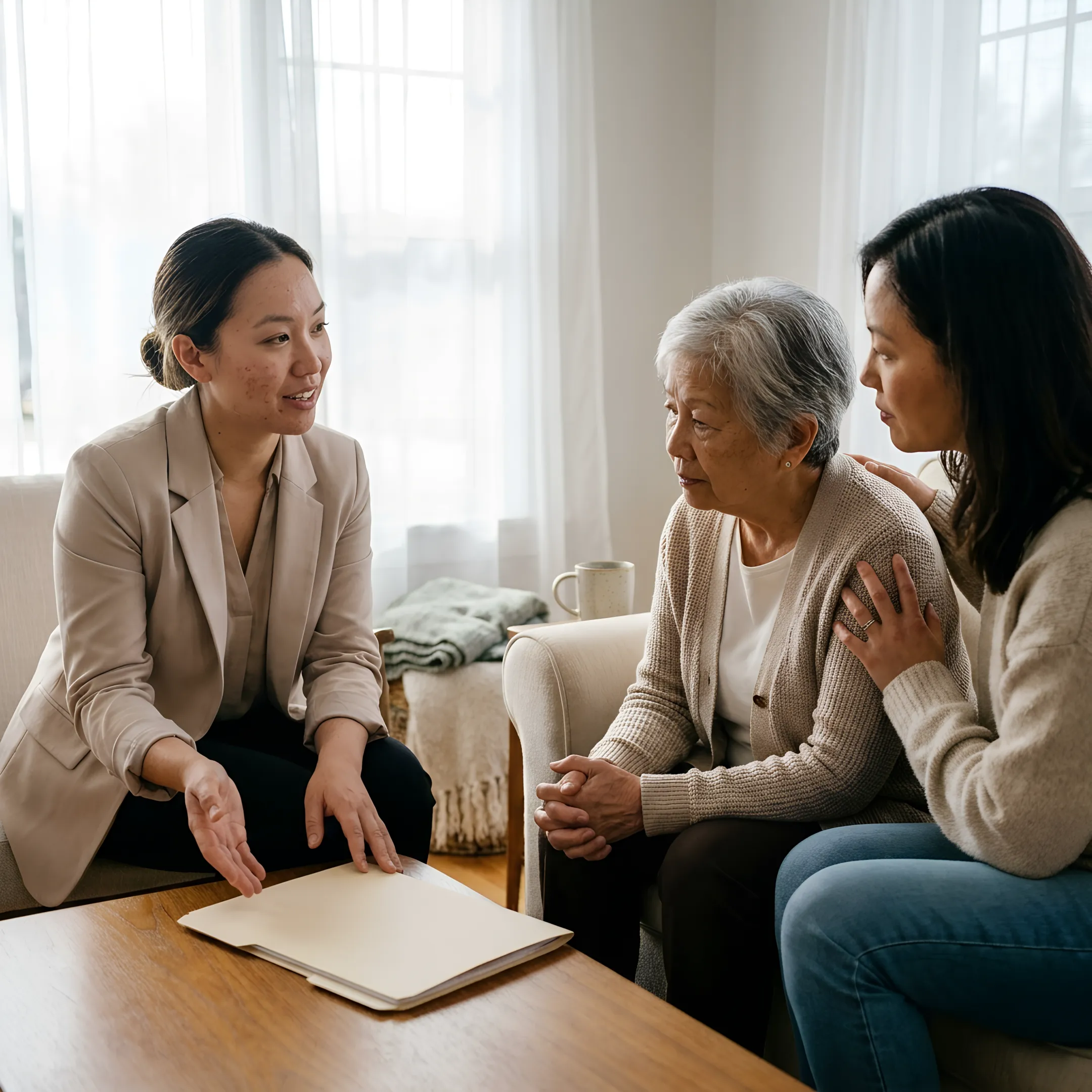 Care specialist assisting an elderly individual and family caregiver with care planning