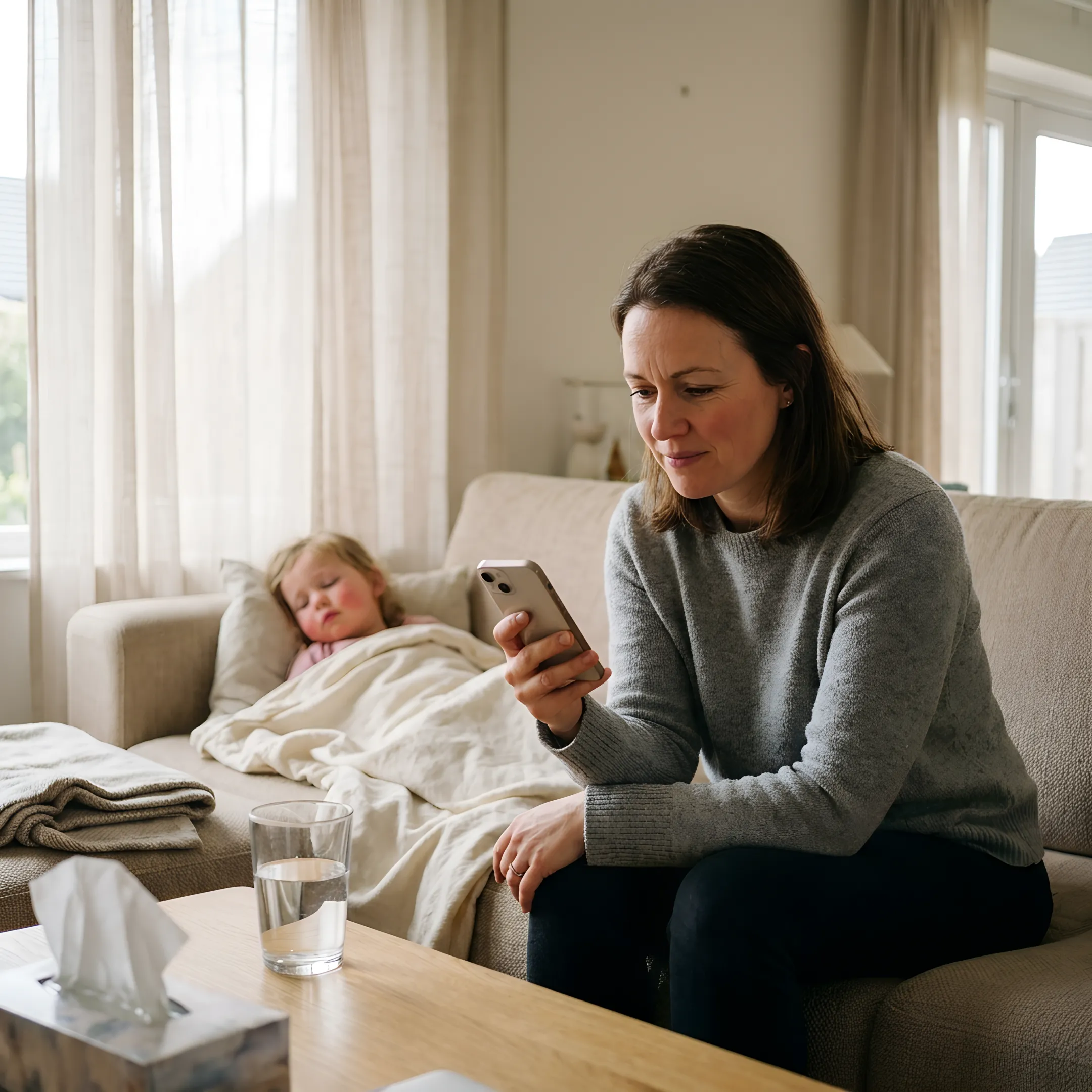 Parent reviewing child care options on smartphone while caring for child