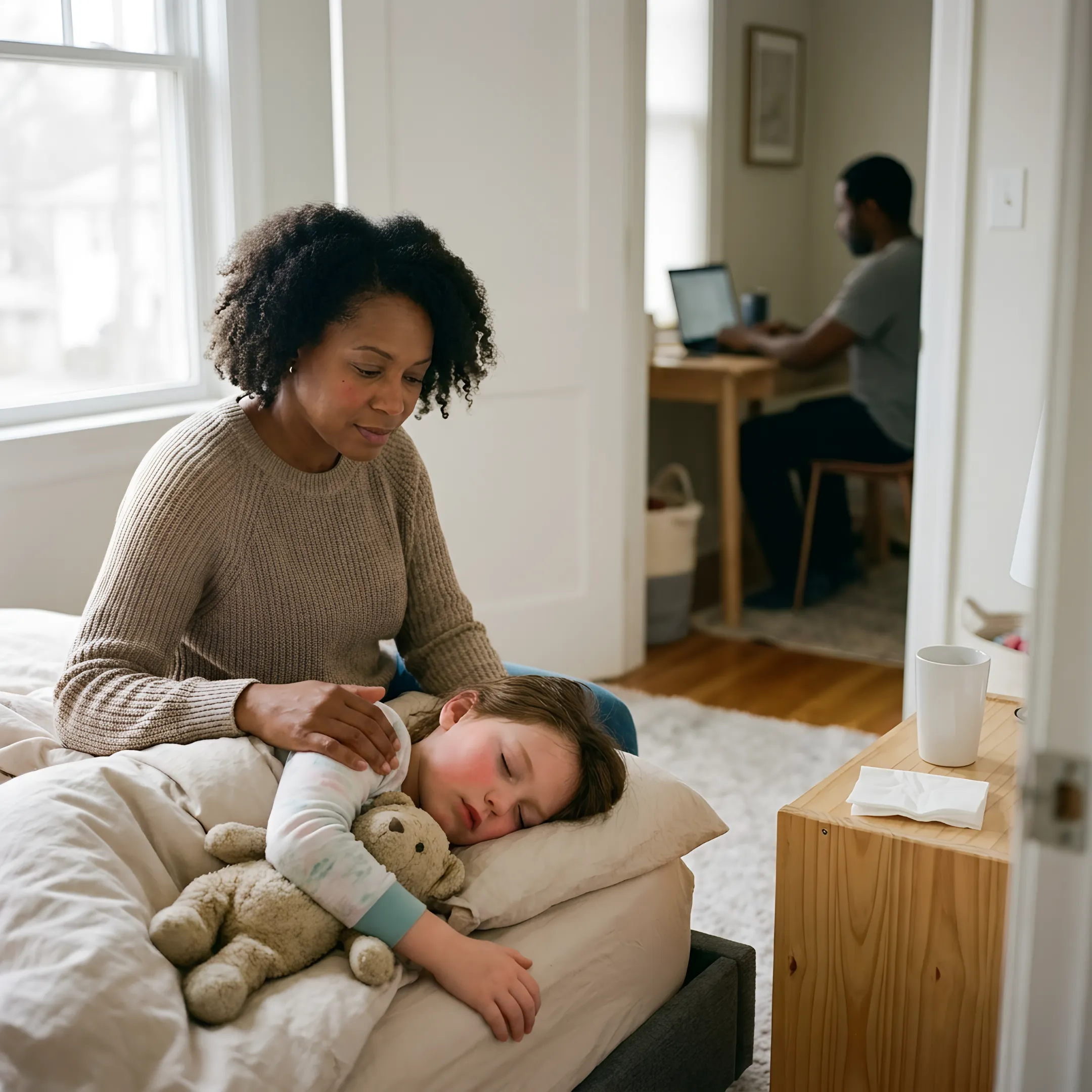 Caregiver tending to a sick child resting comfortably at home