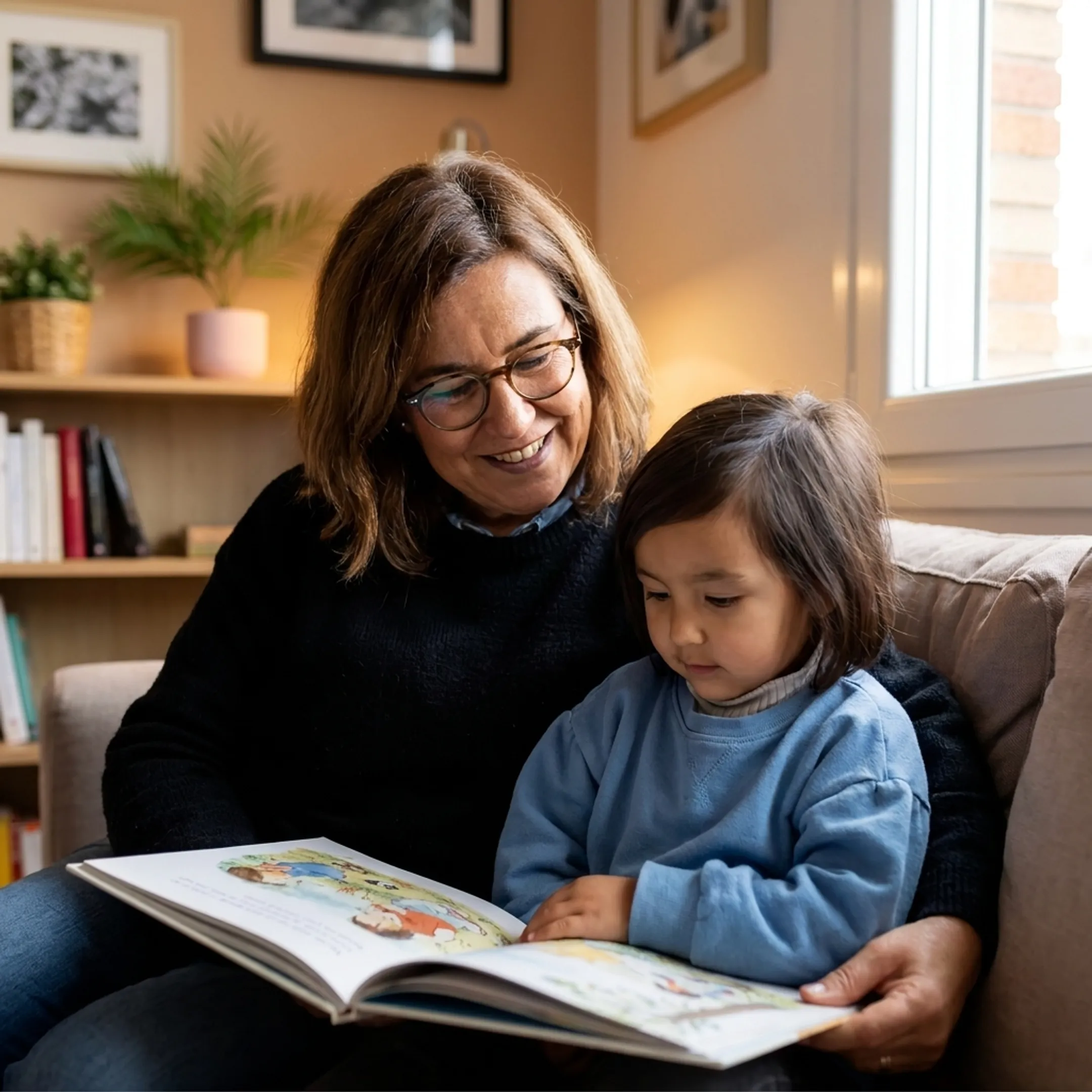 Caregiver interacting with a child while an employee focuses on work tasks