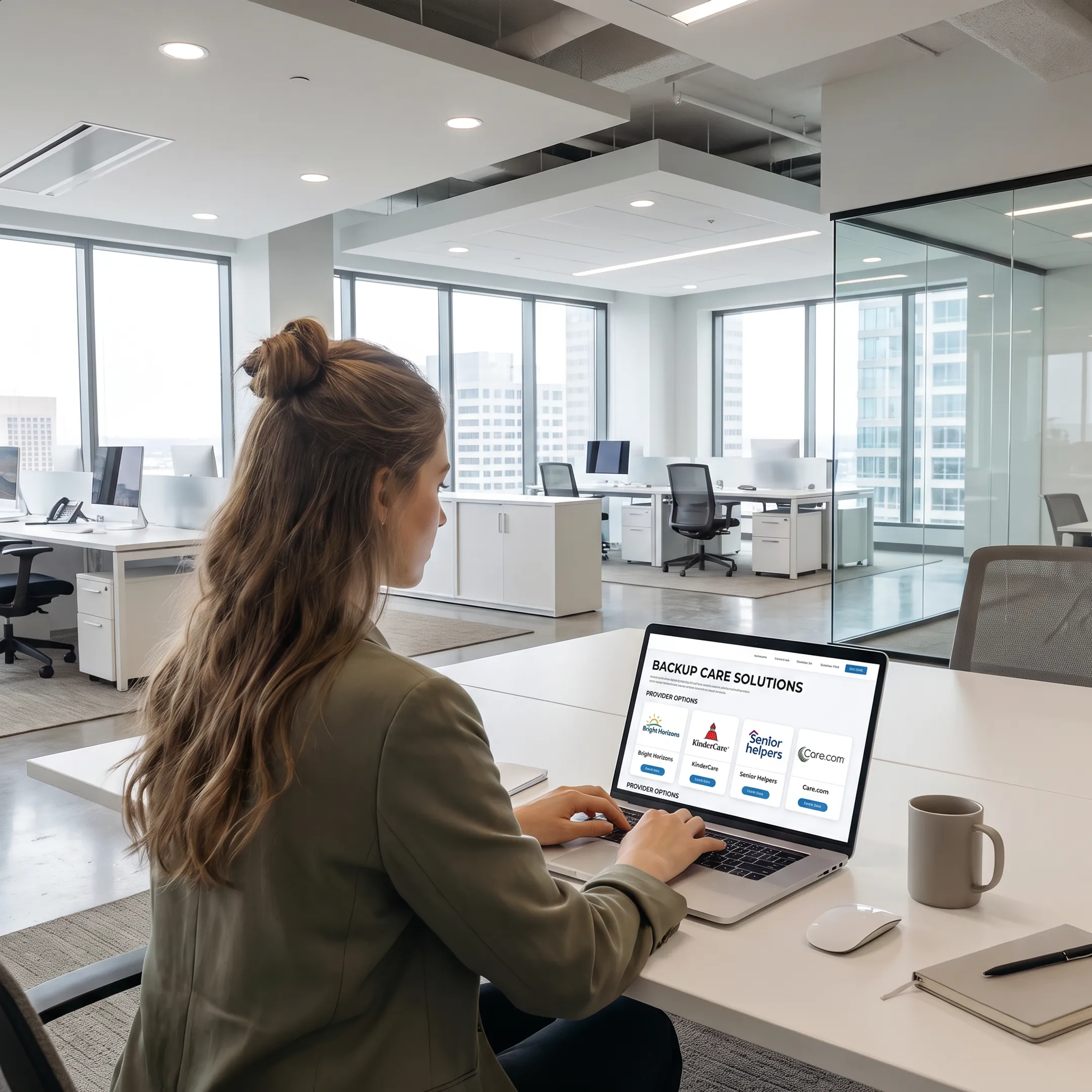 HR leader reviewing corporate backup care vendor solutions on a laptop