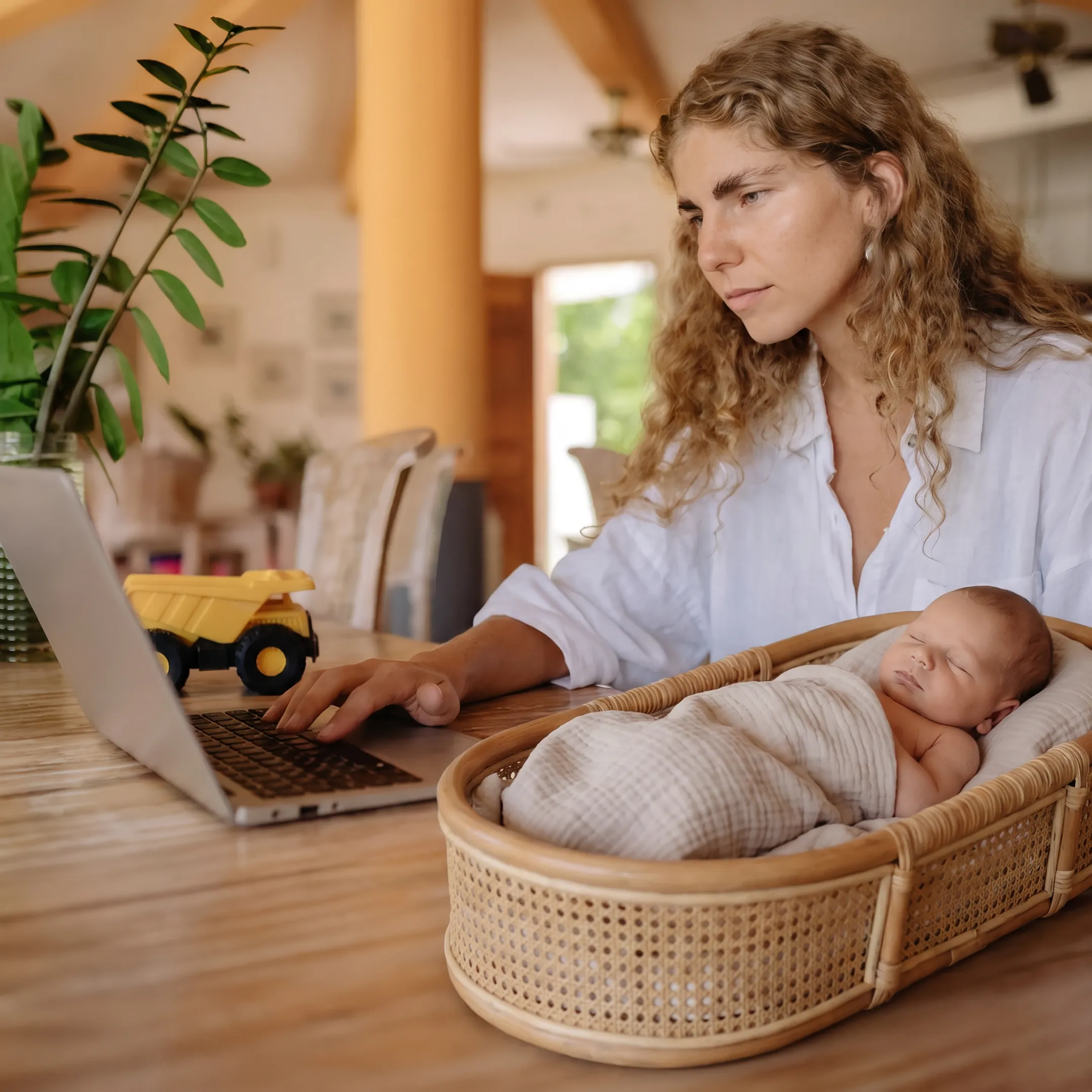 Working mother holding an infant while working on a laptop at home