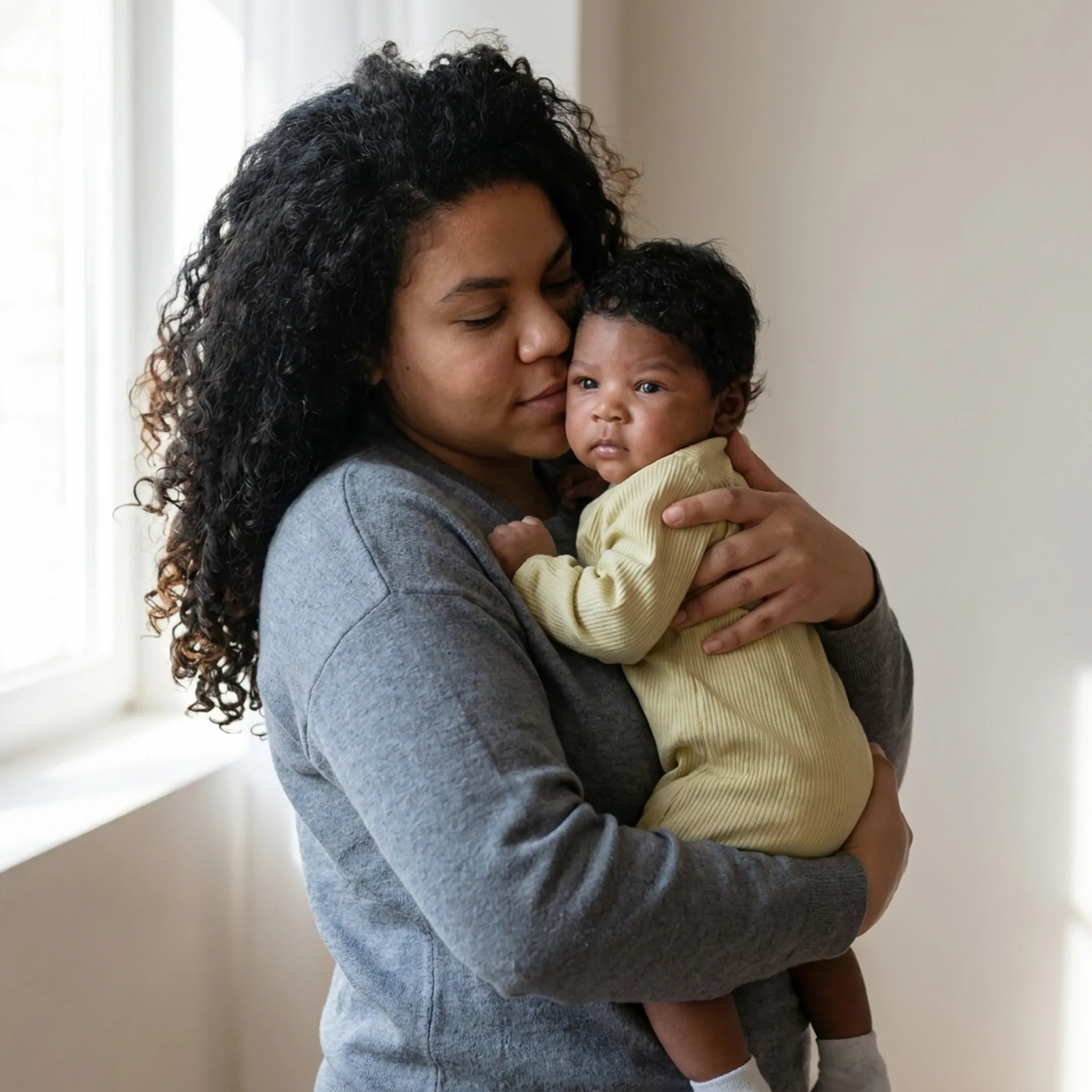 Mother smiling at her resting baby in a calm home nursery setting
