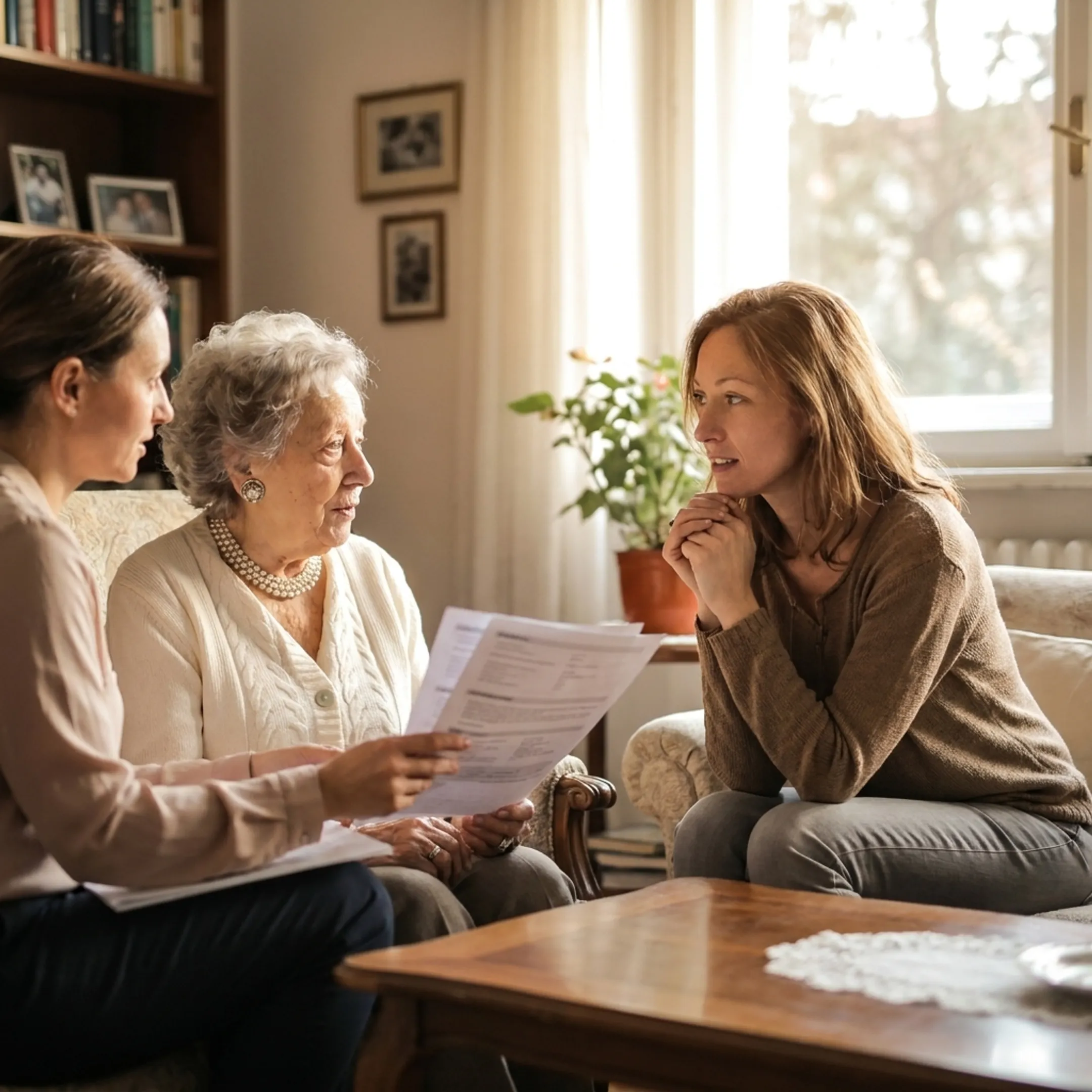 Senior adult reviewing care plans with a family caregiver and specialist