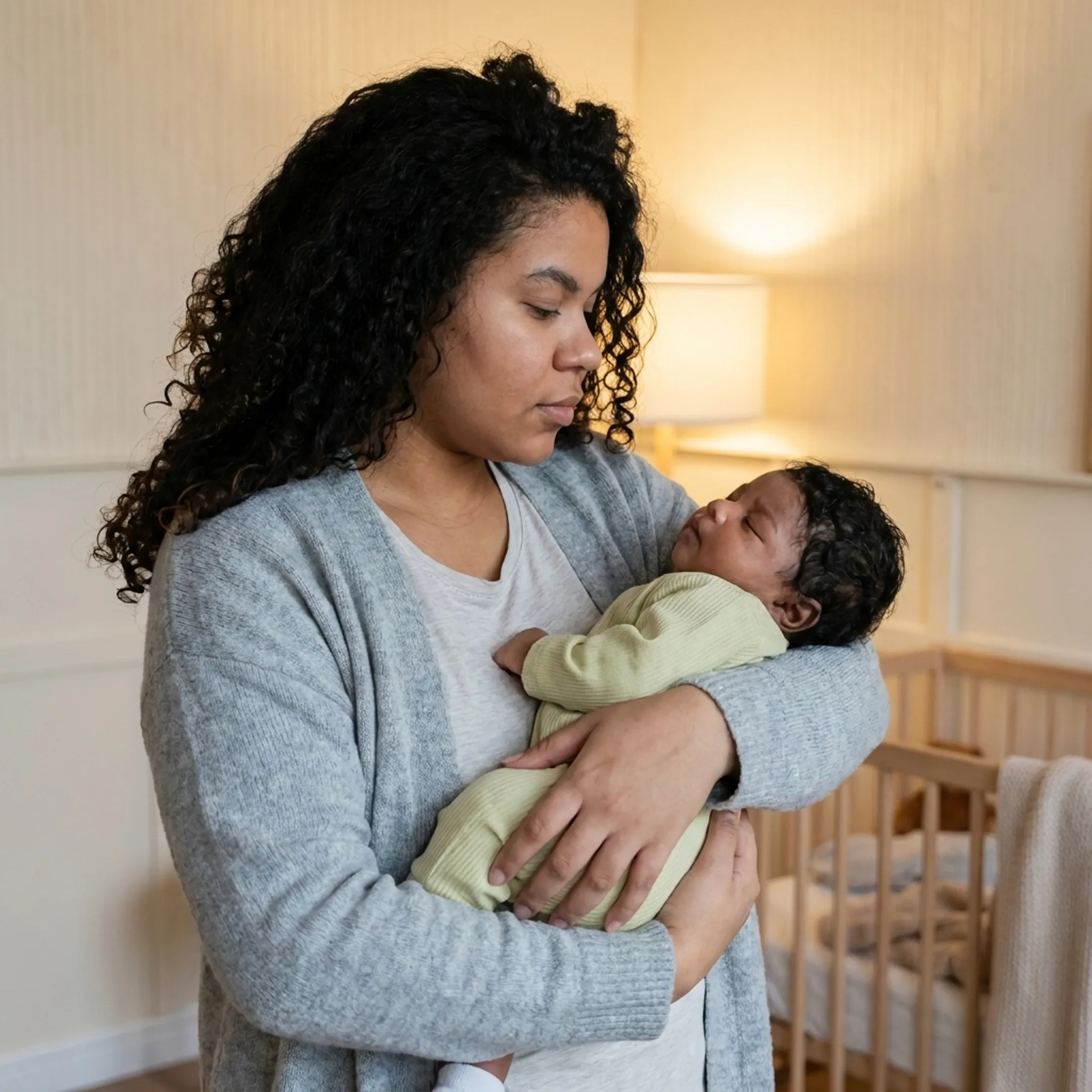 Qualified night nanny holding a sleeping newborn baby safely at night