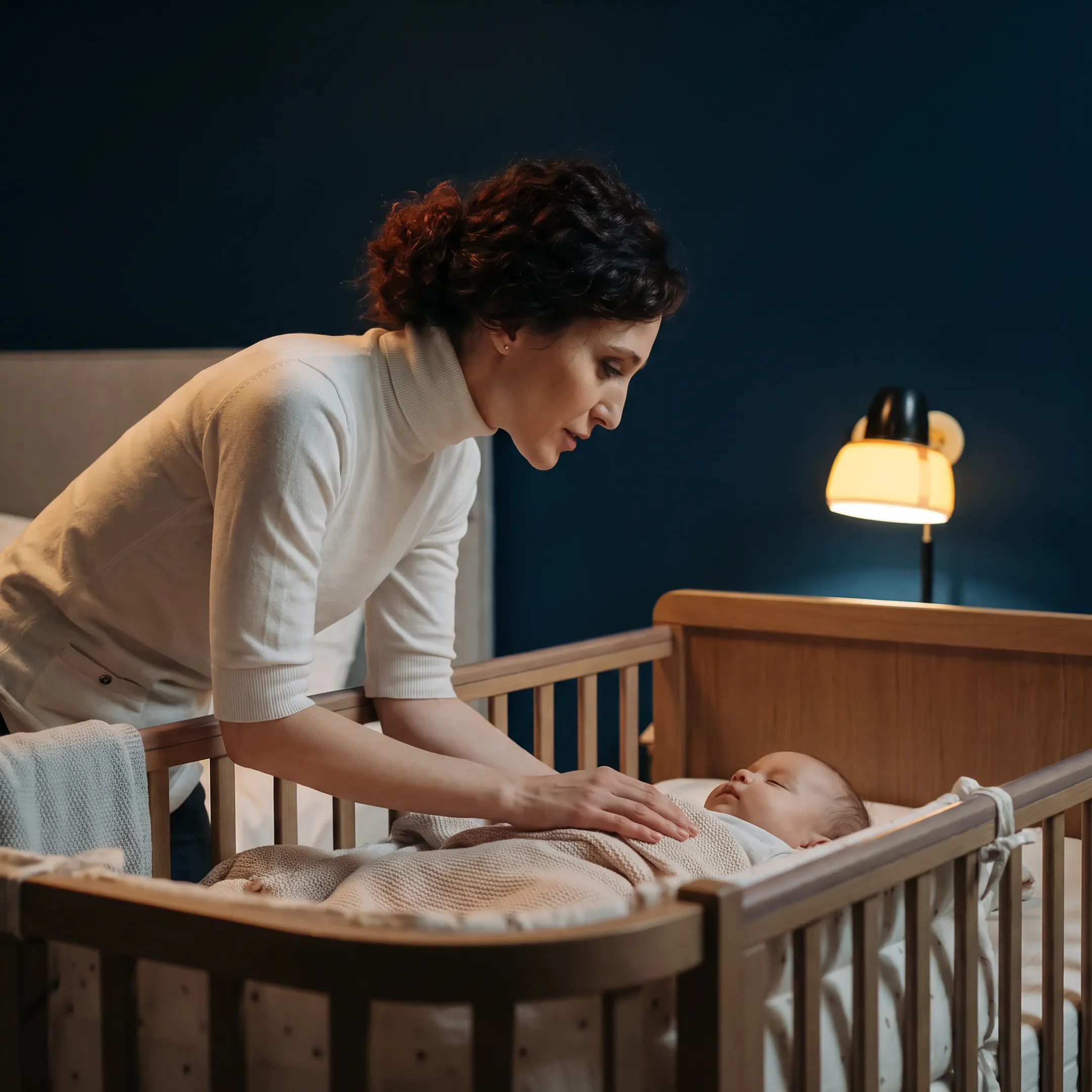 Night nanny comforting a newborn baby in a peaceful nursery while working parents rest