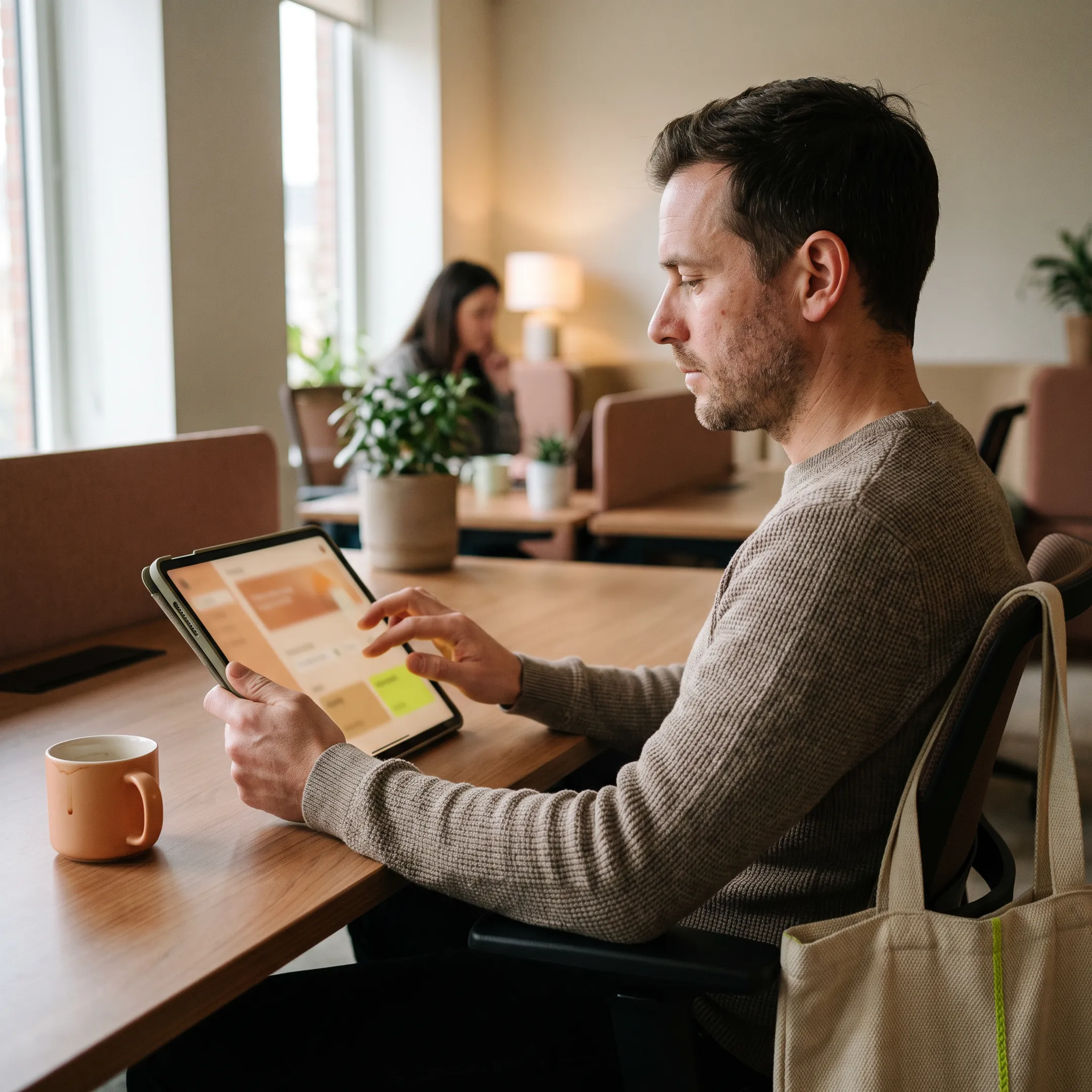 Employee discussing caregiving plans and benefit options on a tablet