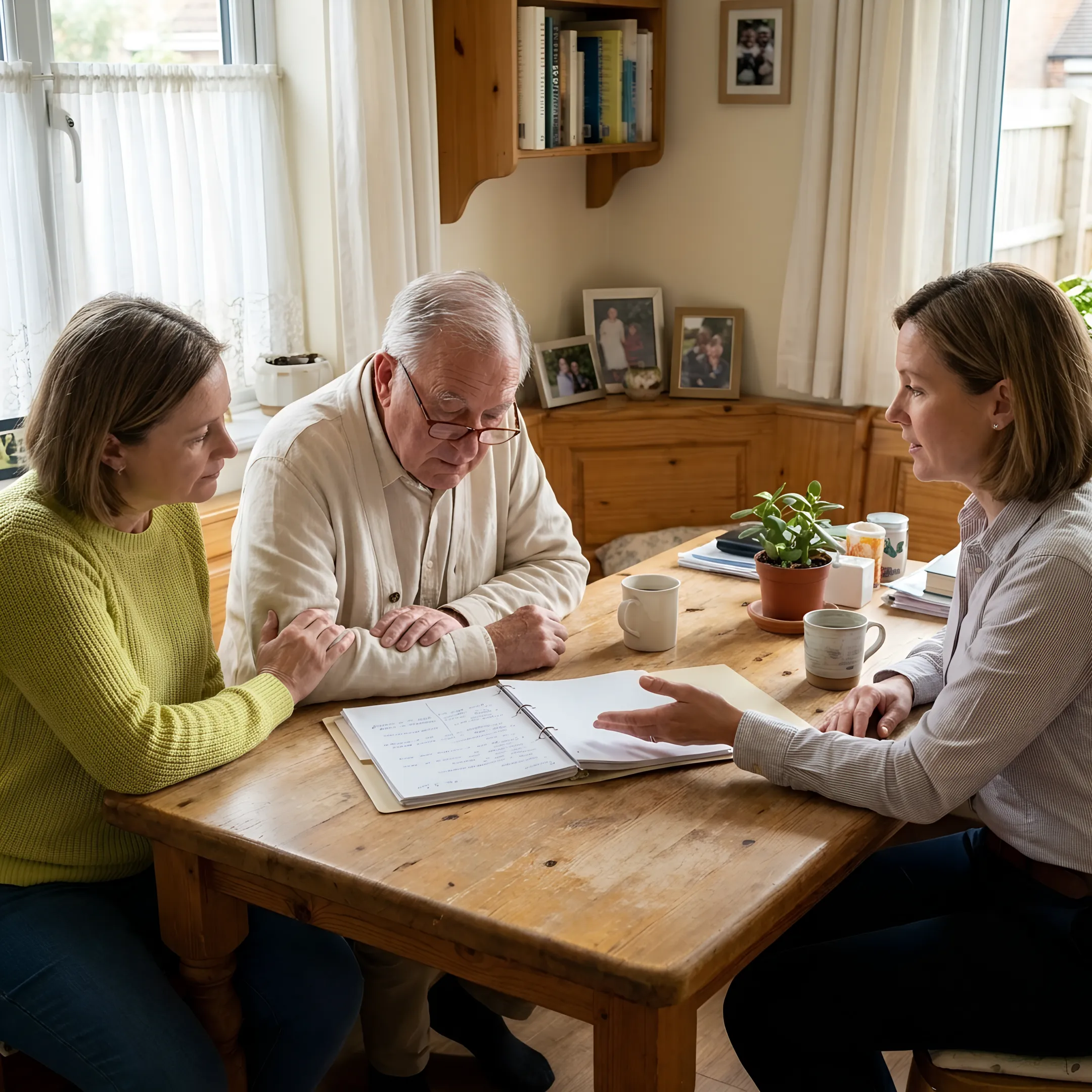 Senior adult reviewing care plans with a family caregiver and specialist