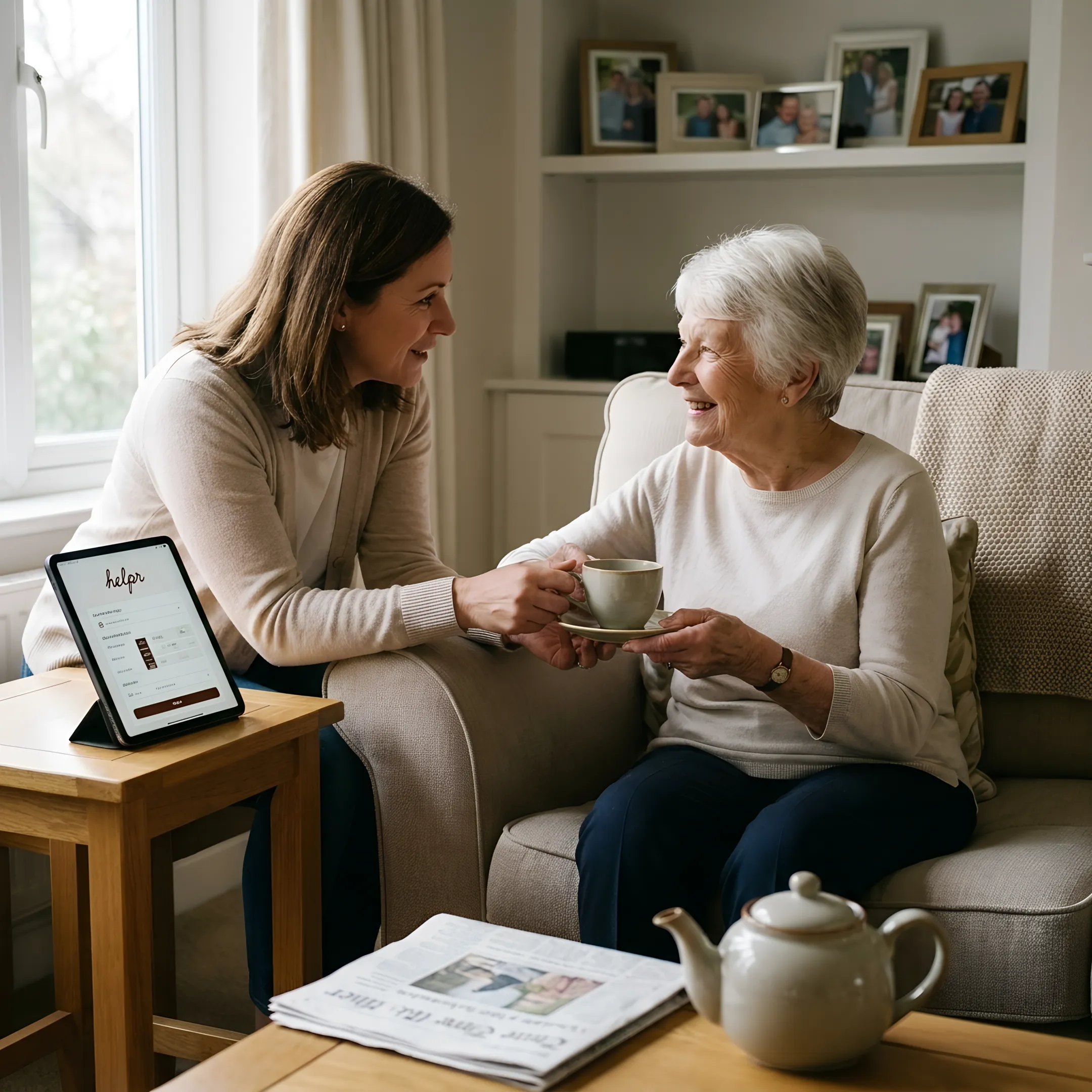 Caregiver supporting an elderly adult in a comfortable living room setting