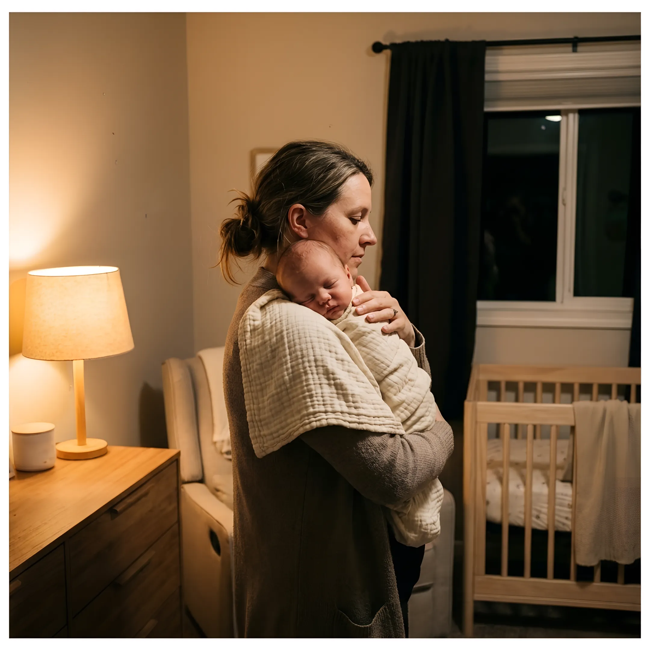 Night nanny comforting a newborn baby in a peaceful nursery while working parents rest