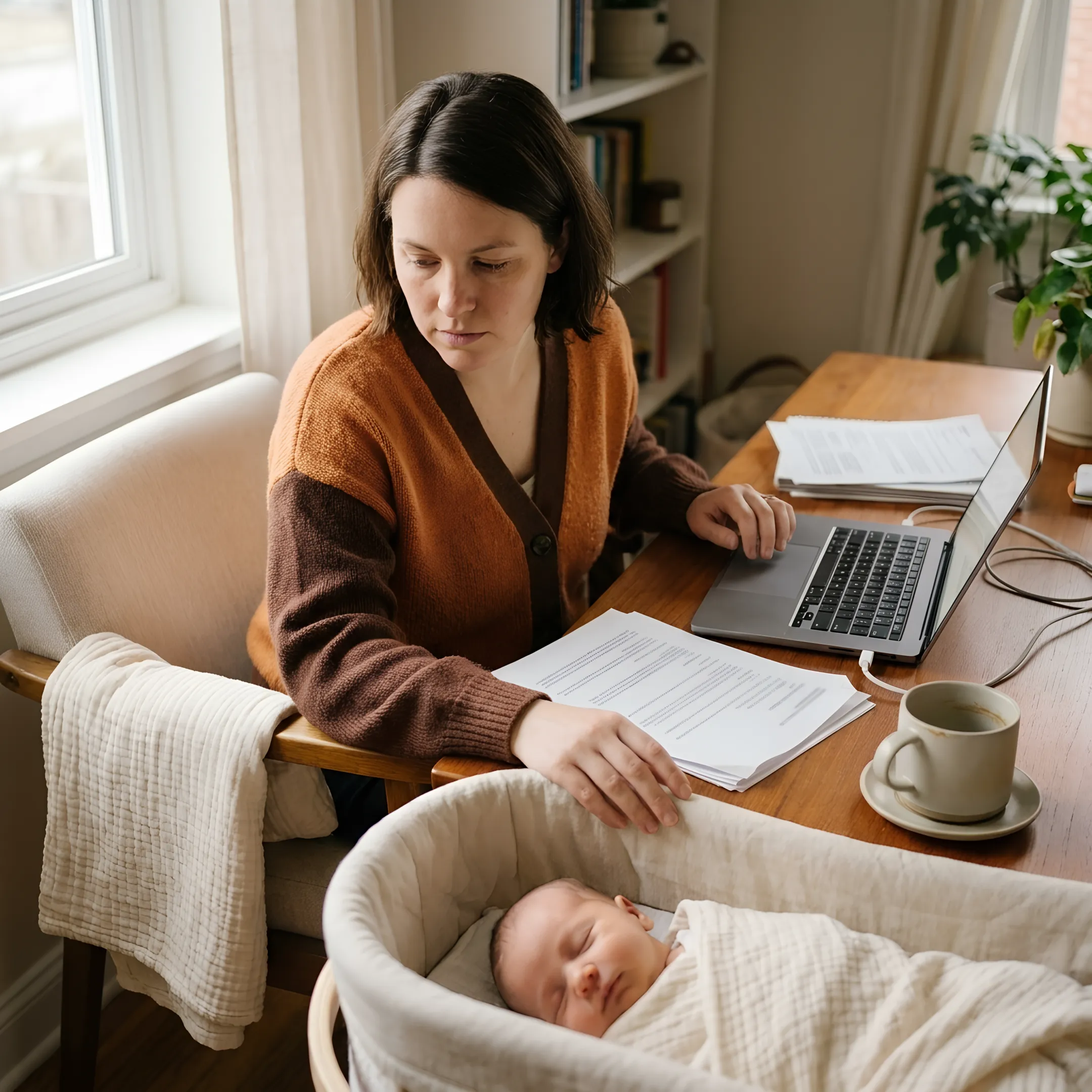 Working mother holding an infant while working on a laptop at home