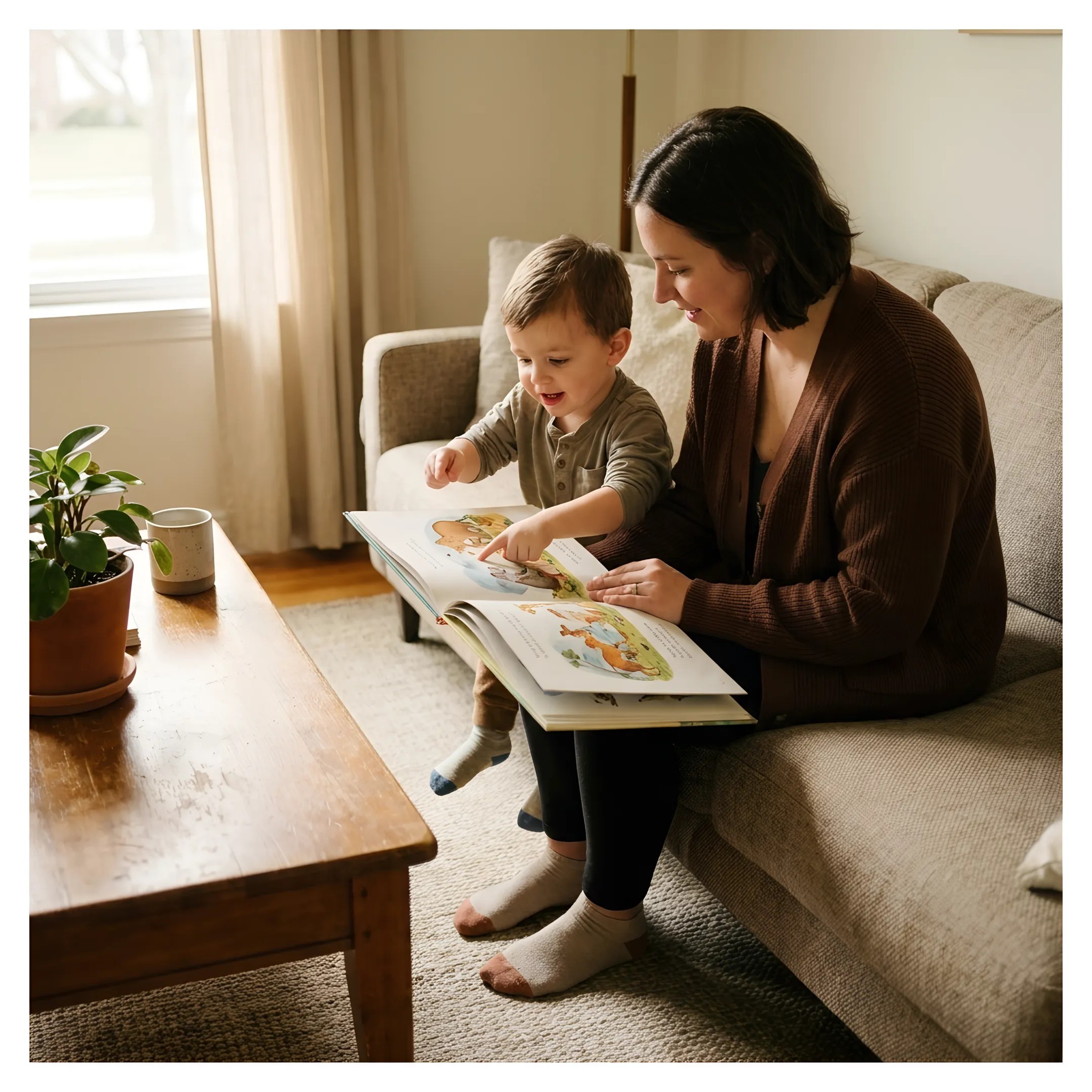 Caregiver interacting with a child while an employee focuses on work tasks
