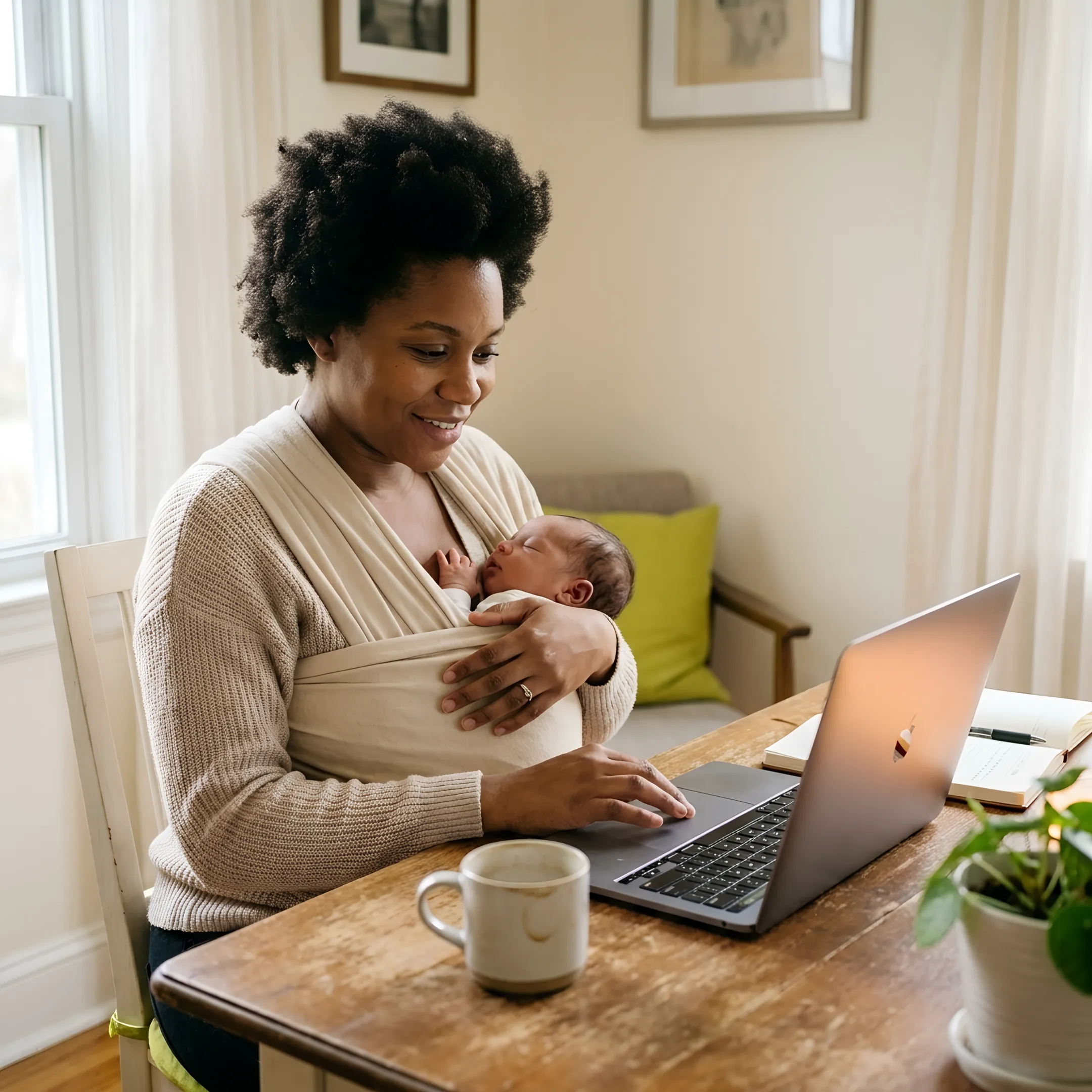 Working parent holding a newborn baby while reviewing company family benefits