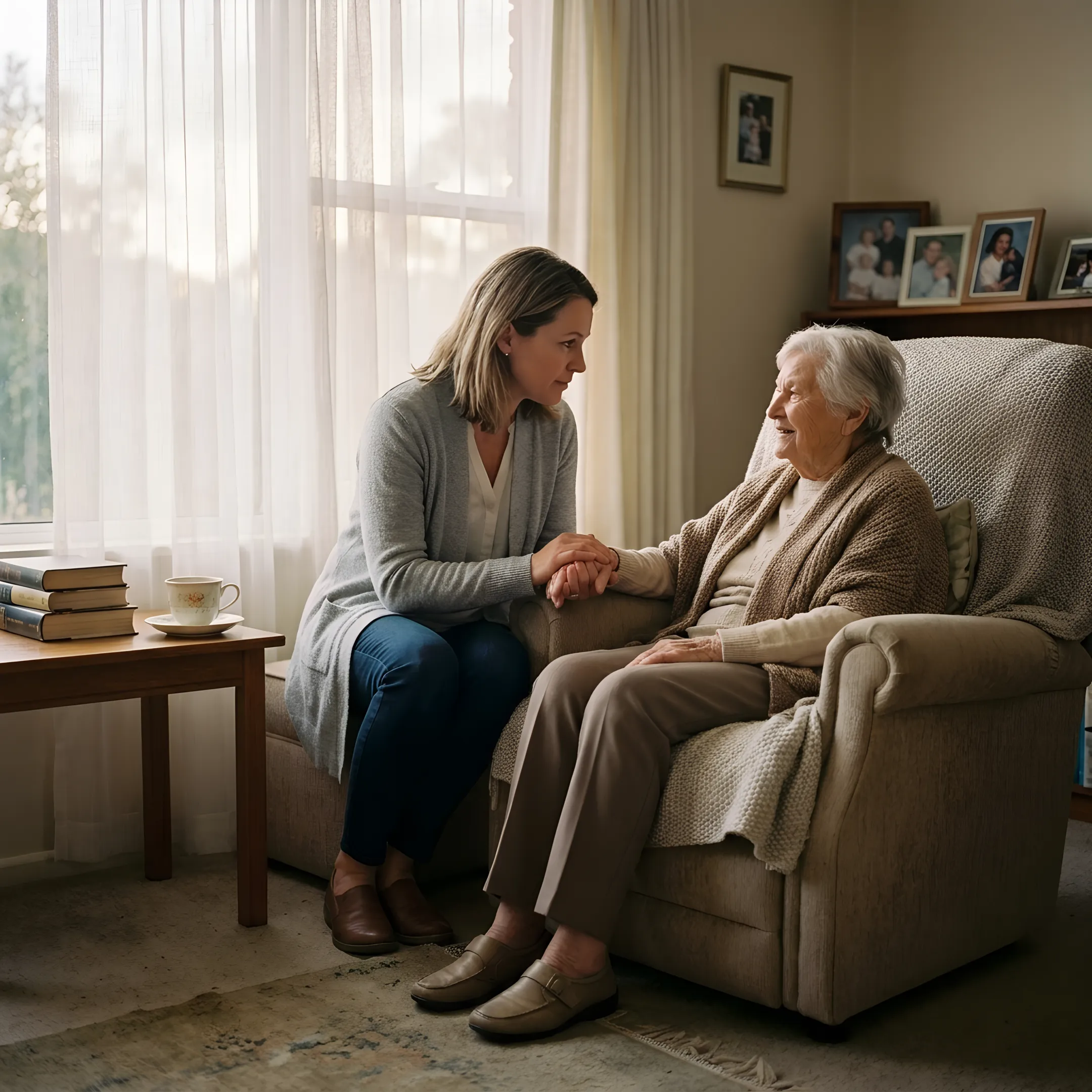 Caregiver assisting an elderly family member at home in a bright living room