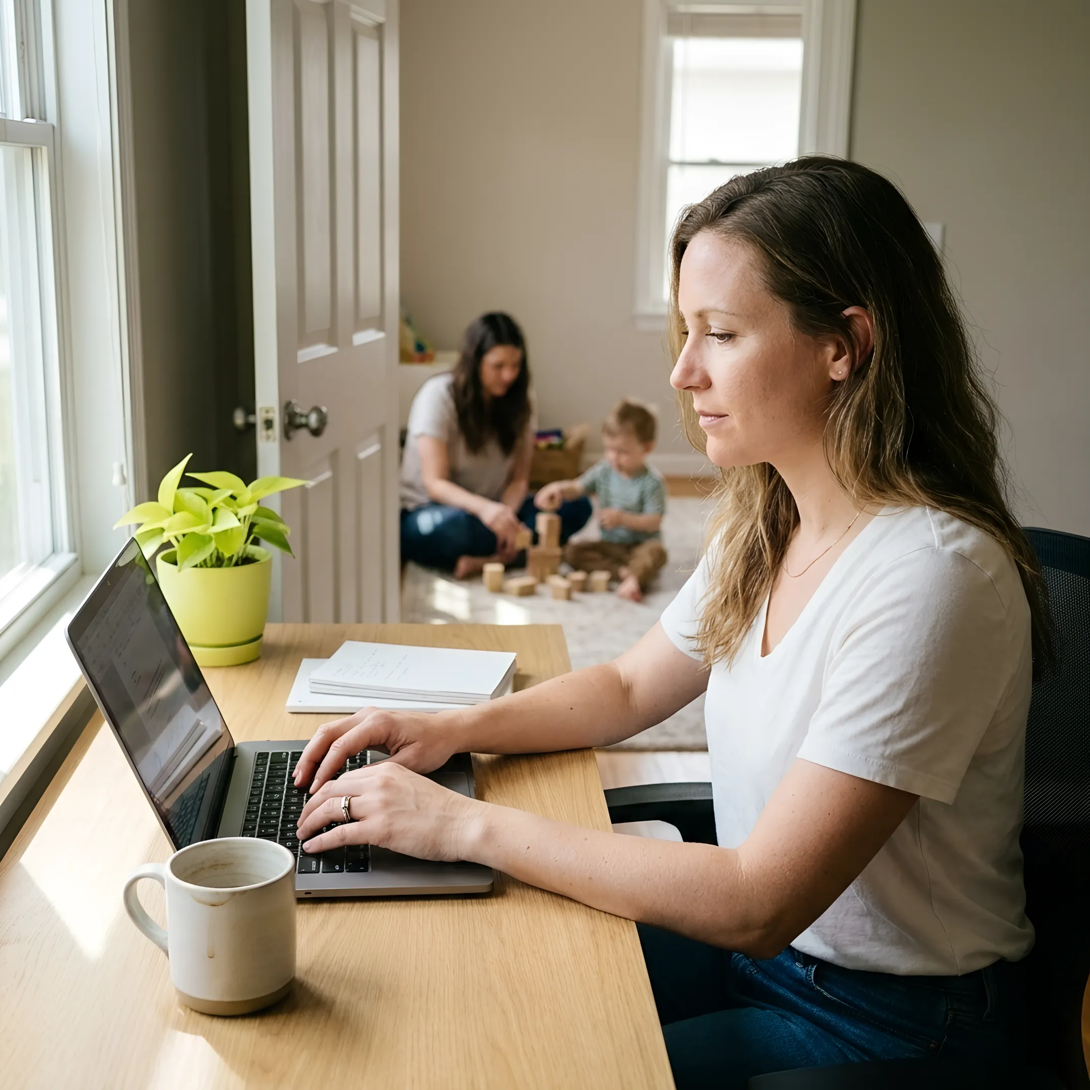 Working mother collaborating on laptop while child plays safely nearby