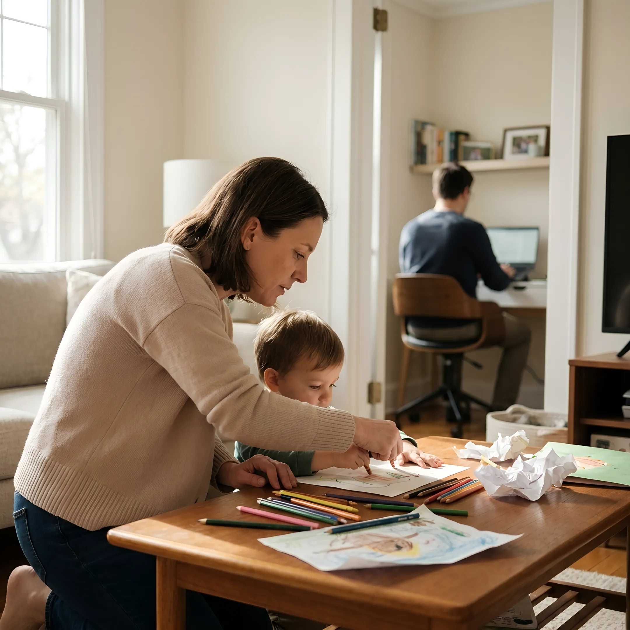 Caregiver engaging in educational activities with a toddler at home