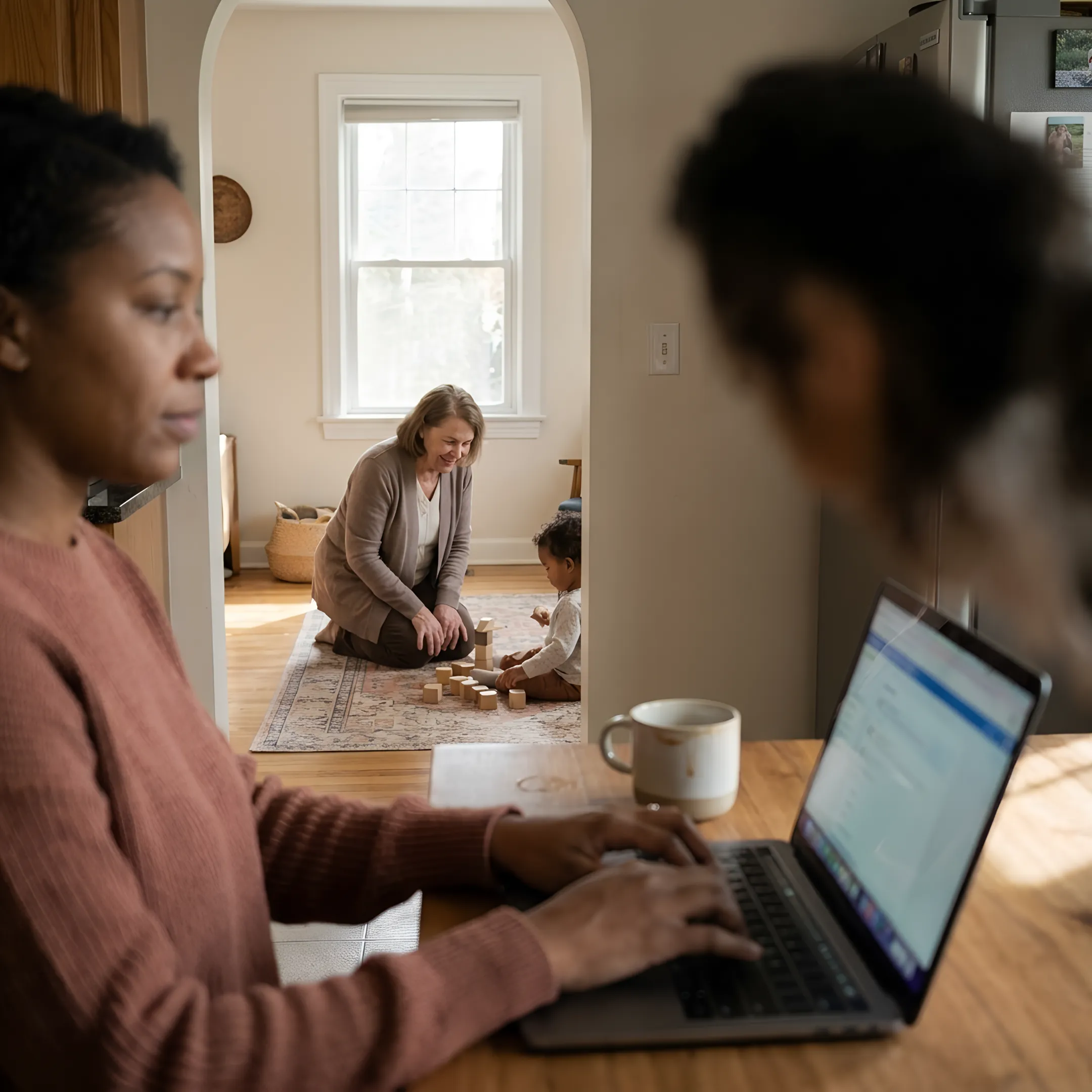 Working parent smiling while caring caregiver plays with child nearby