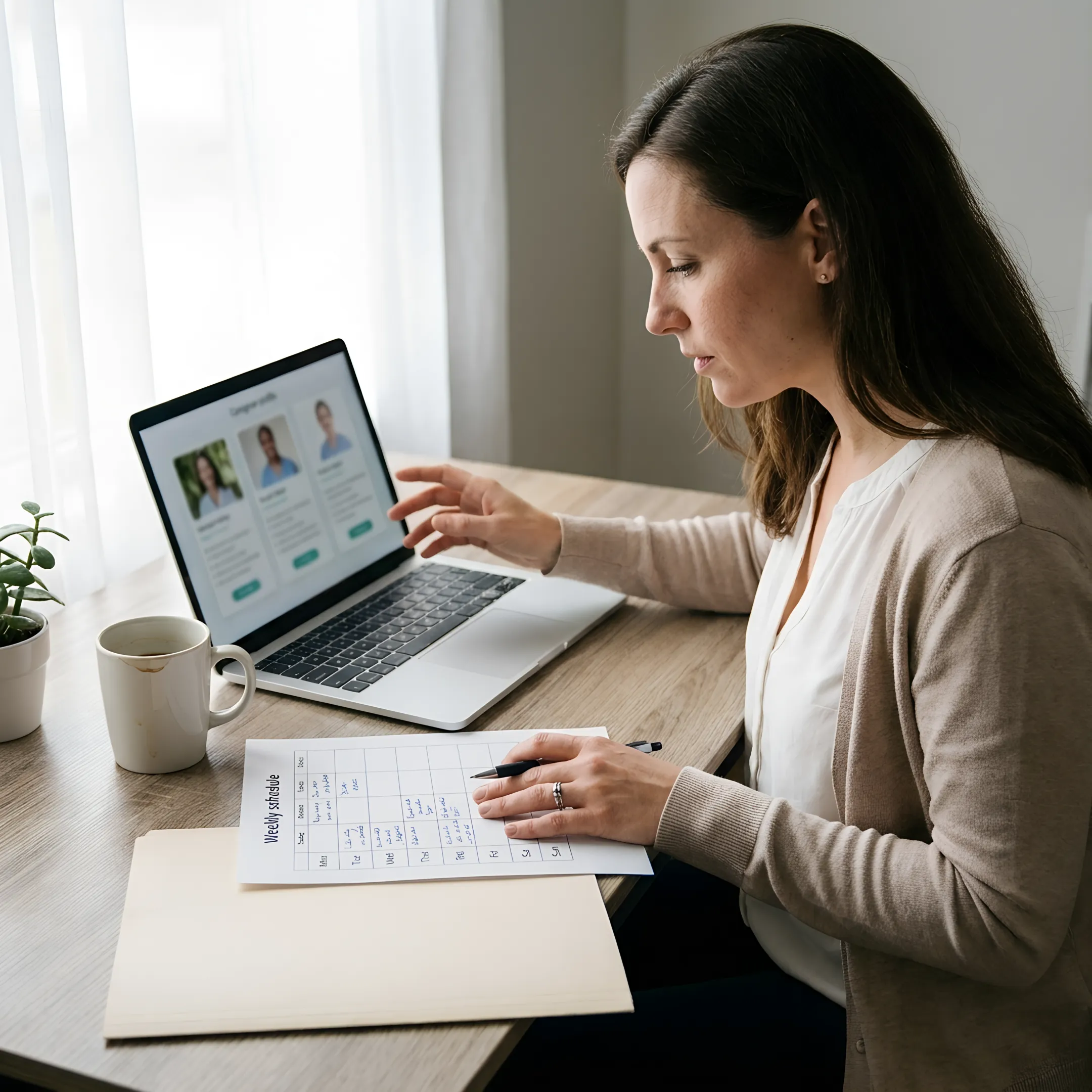Care consultant preparing a childcare shortlist for a returning employee
