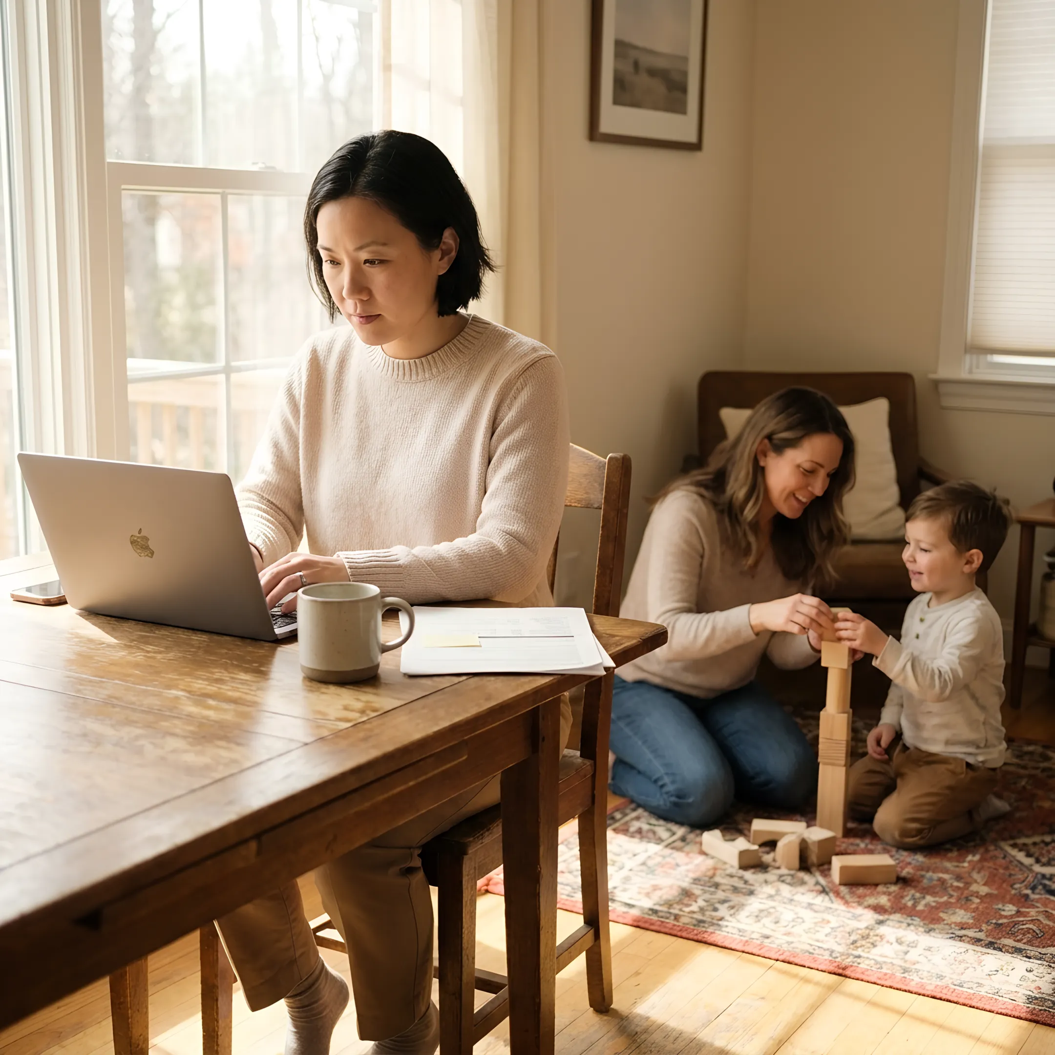 Working parent smiling while working productively at home as a caregiver attends to a young child nearby.