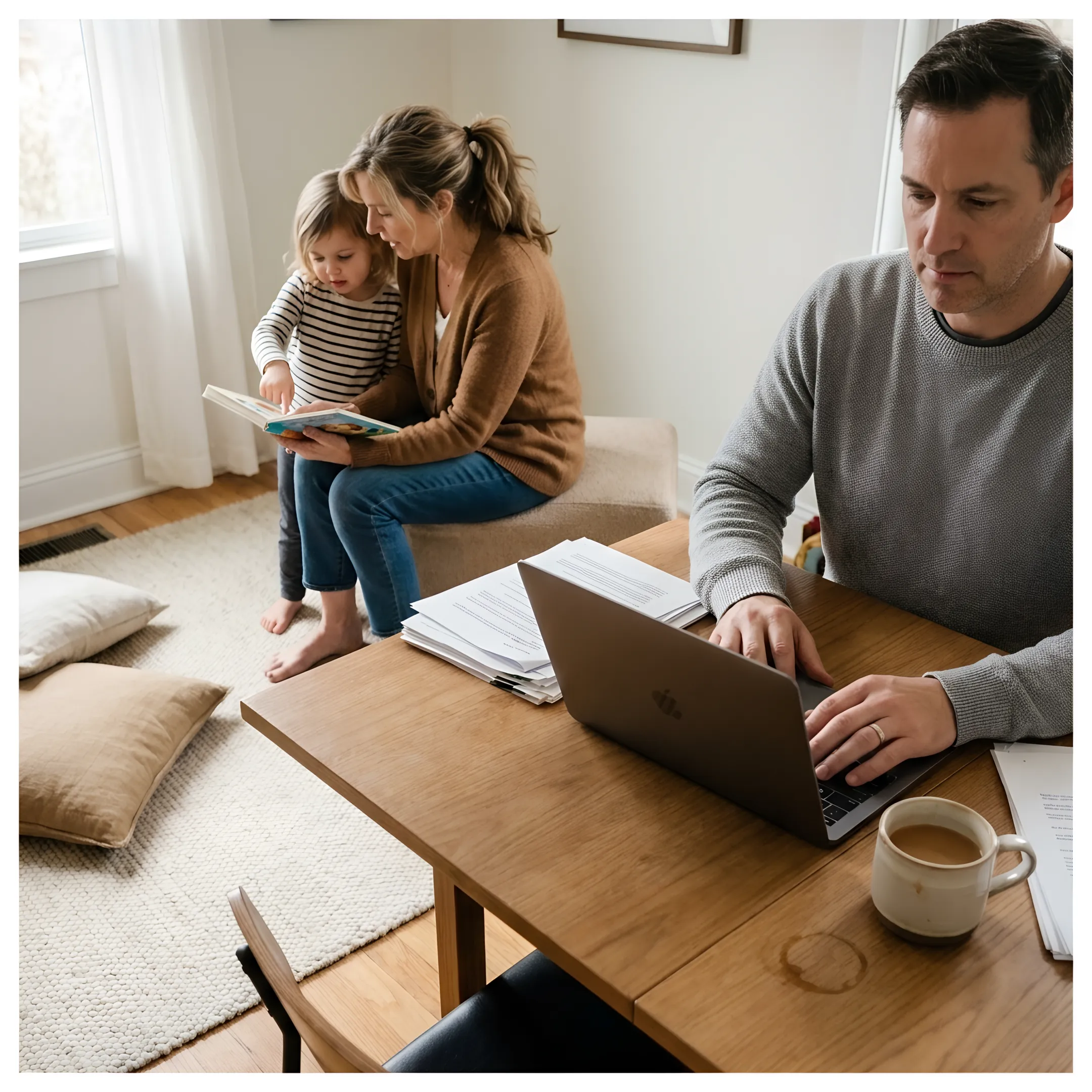 Working parent using laptop while child plays safely nearby with caregiver