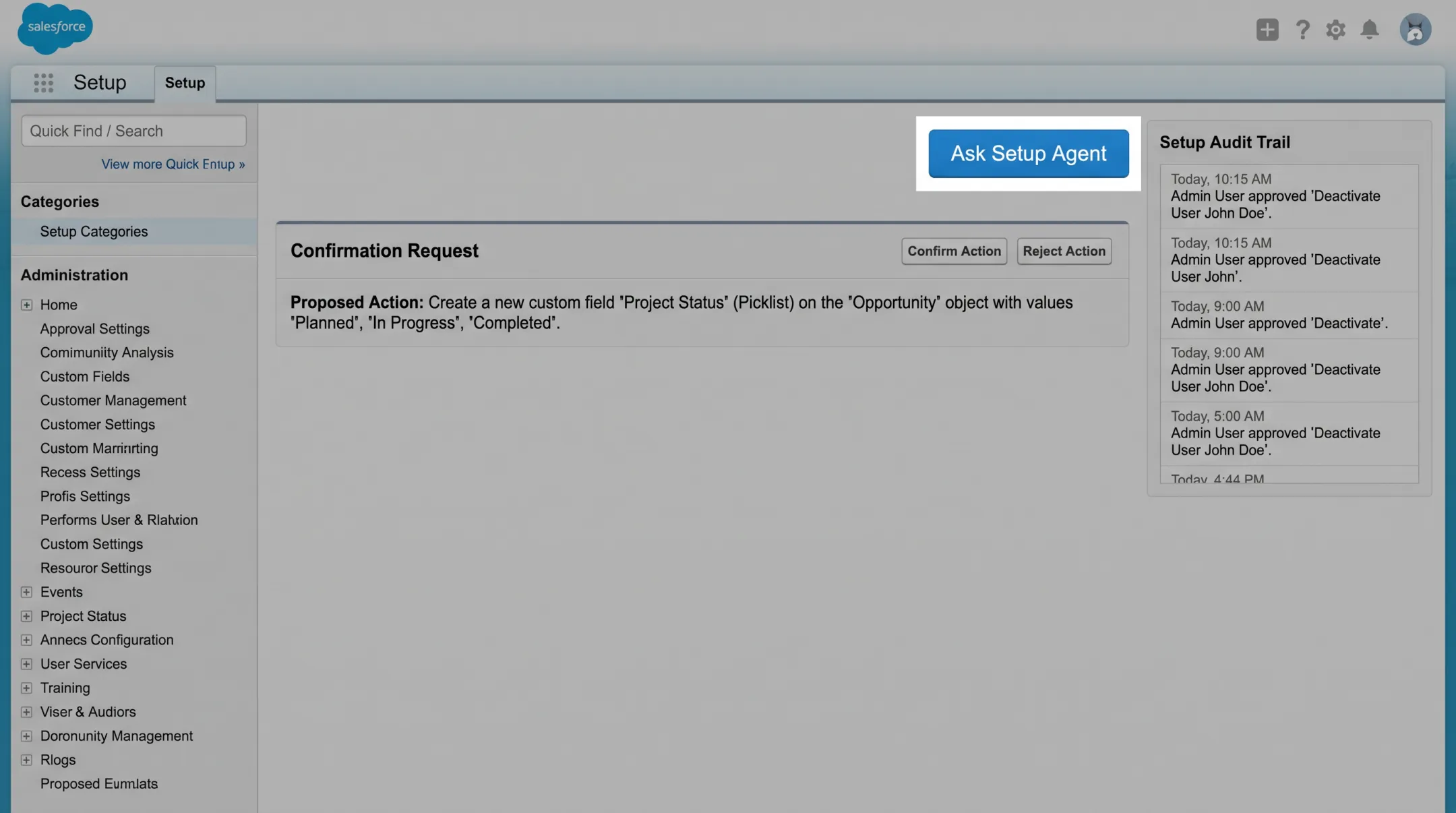 Setup with Agentforce Ask Setup Agent button interface in Salesforce