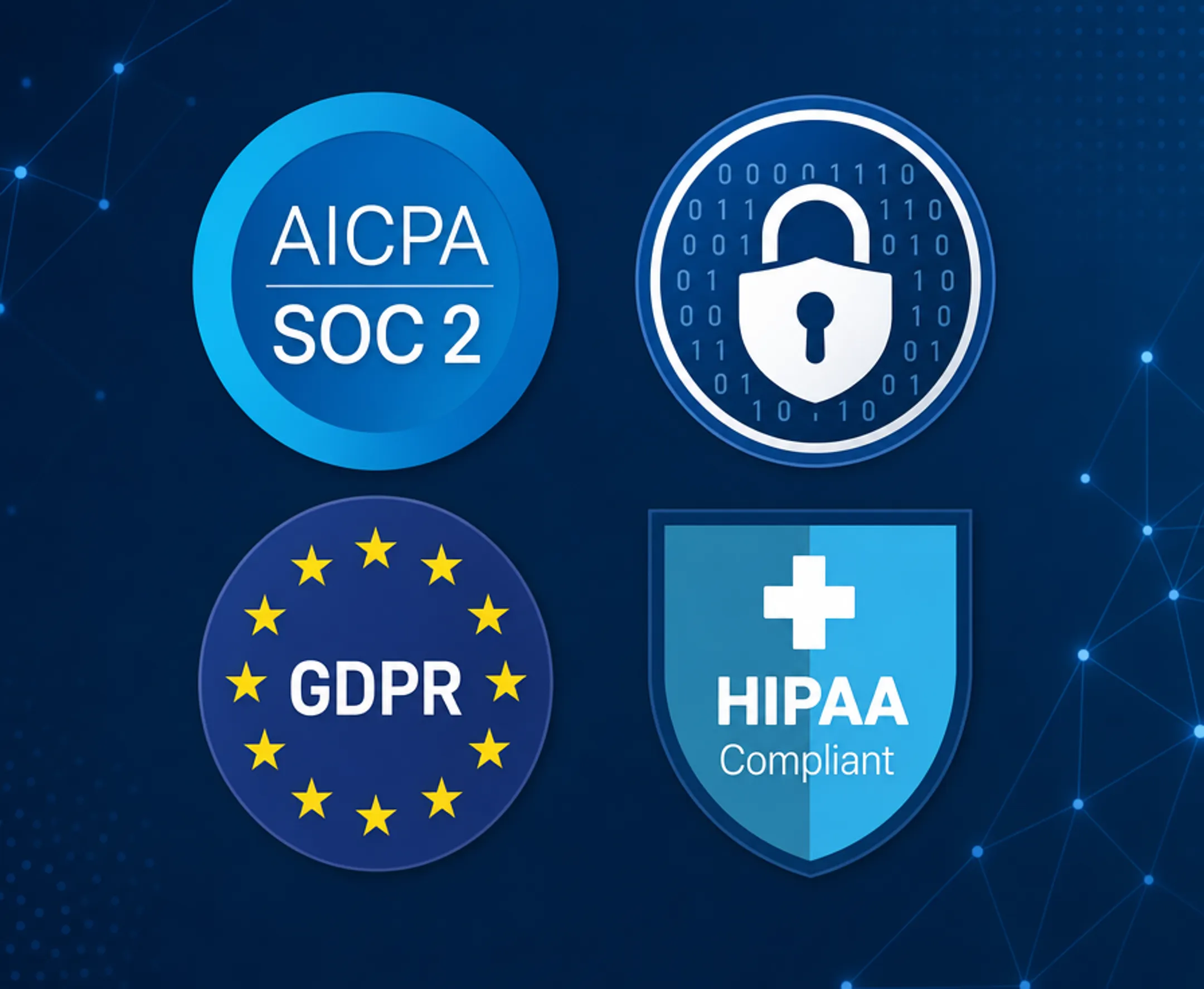 Fintech and healthcare compliance security frameworks HIPAA SOC2 GDPR icons
