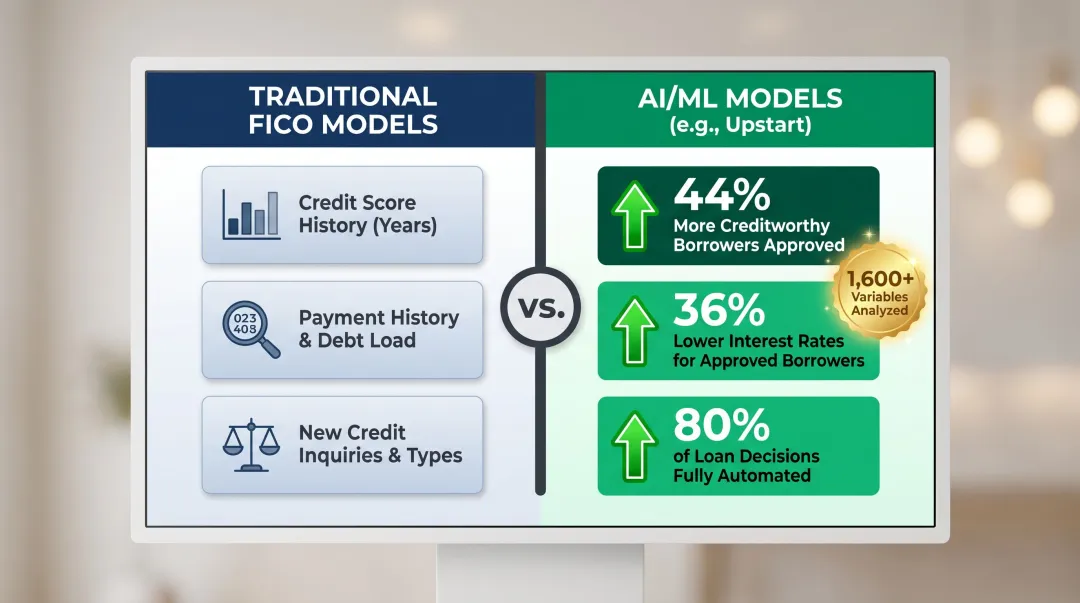 AI credit model versus FICO comparison showing approval rates and loan decision outcomes