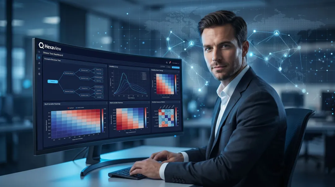 AI stress testing simulation dashboard visualizing portfolio risk across multiple market scenarios