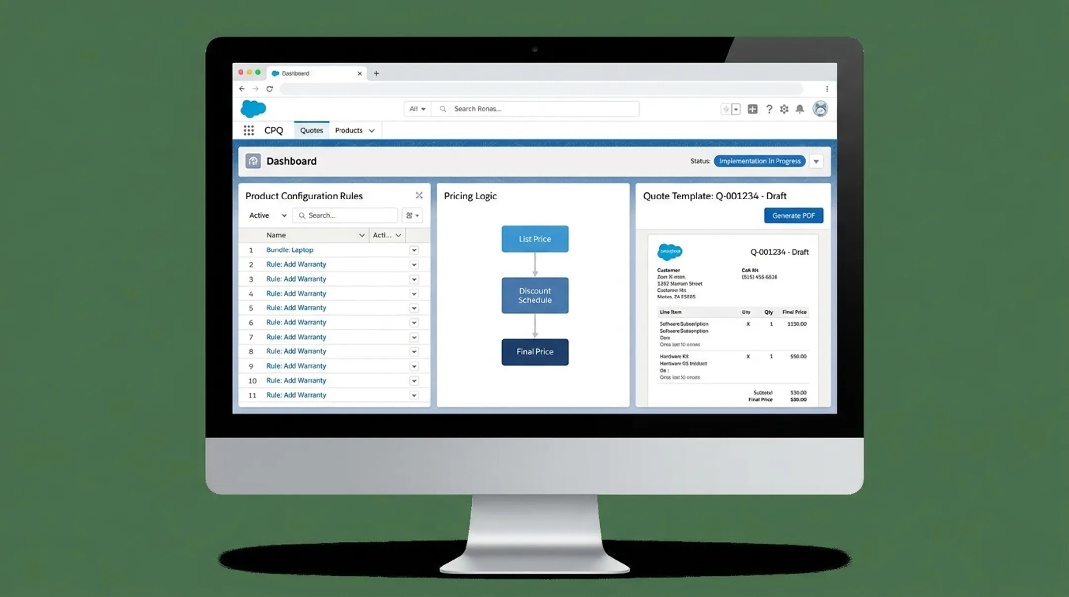 Salesforce CPQ configuration interface showing pricing rules and quote templates