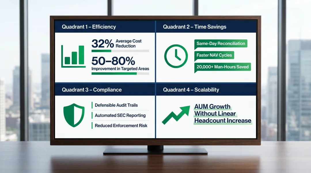 Intelligent automation business case outcomes showing cost reduction scalability and compliance benefits