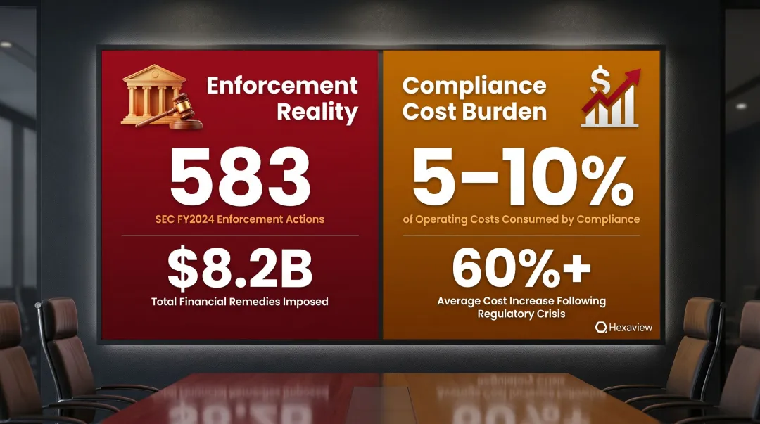 SEC enforcement actions and hedge fund compliance cost burden statistics infographic