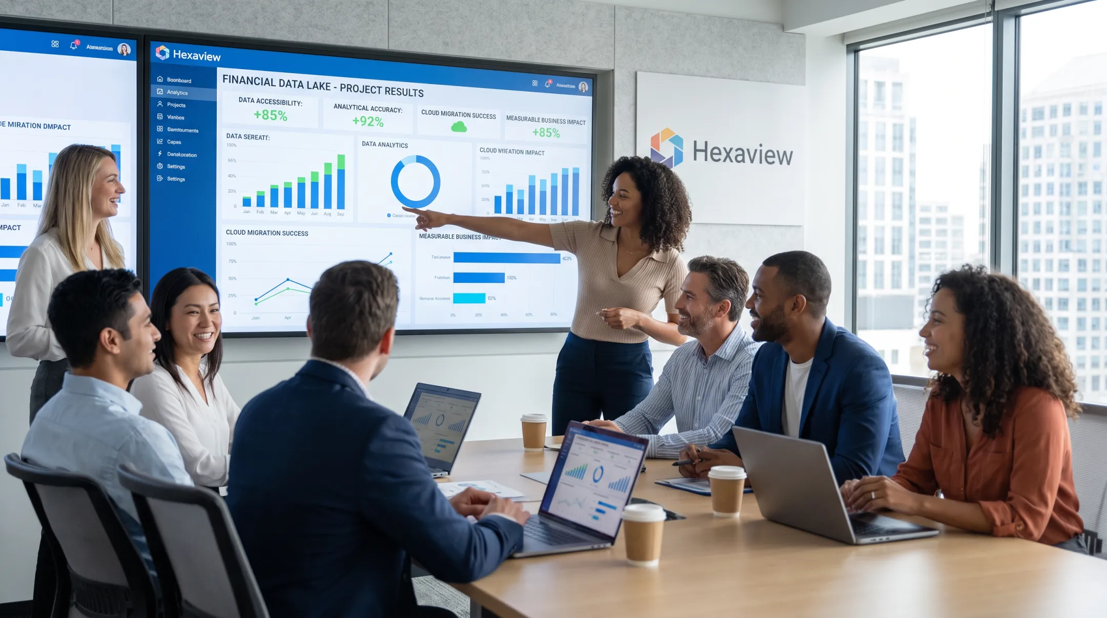 Hexaview data engineering team dashboard showing financial services migration results