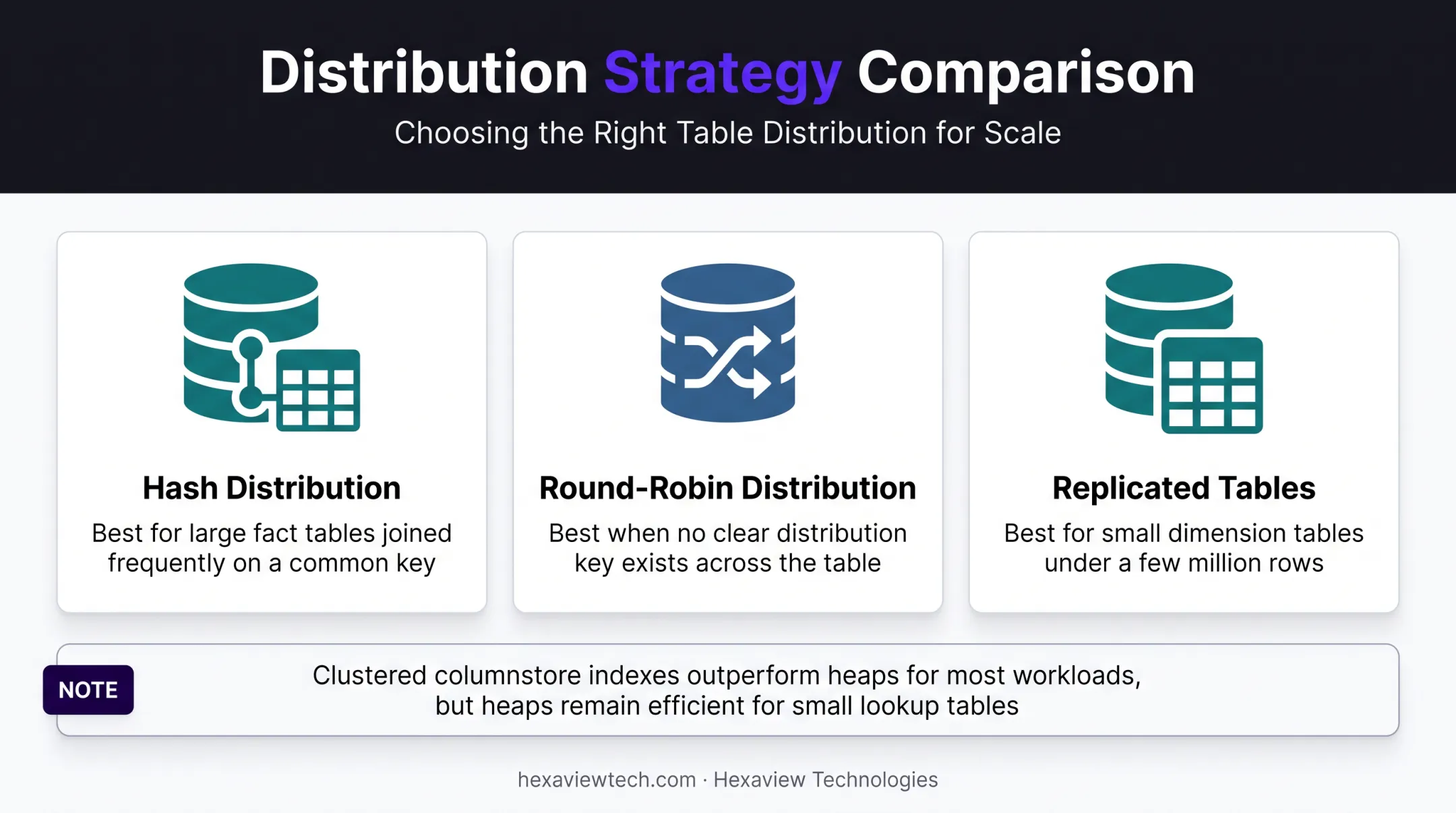 Synapse table distribution options hash round-robin and replicated compared