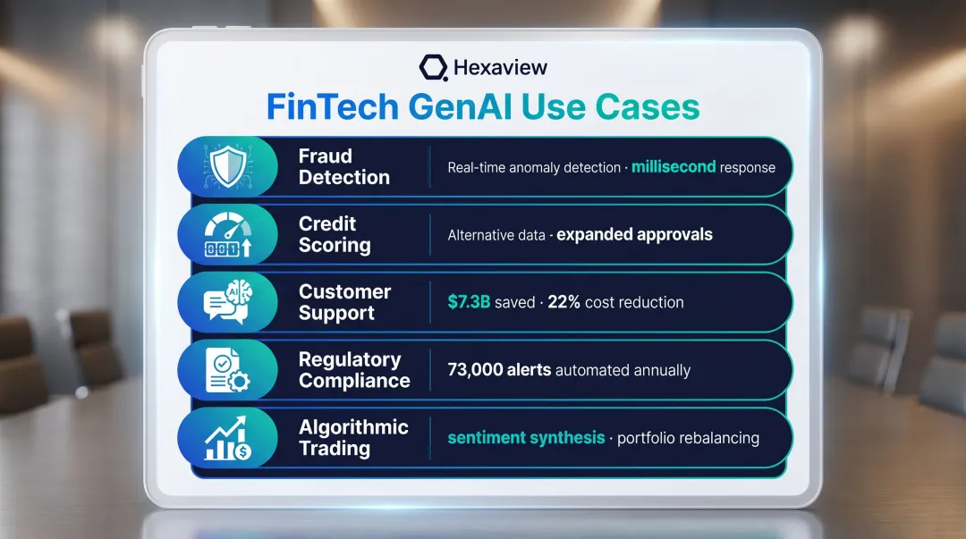 Five top GenAI use cases for FinTech companies process overview infographic