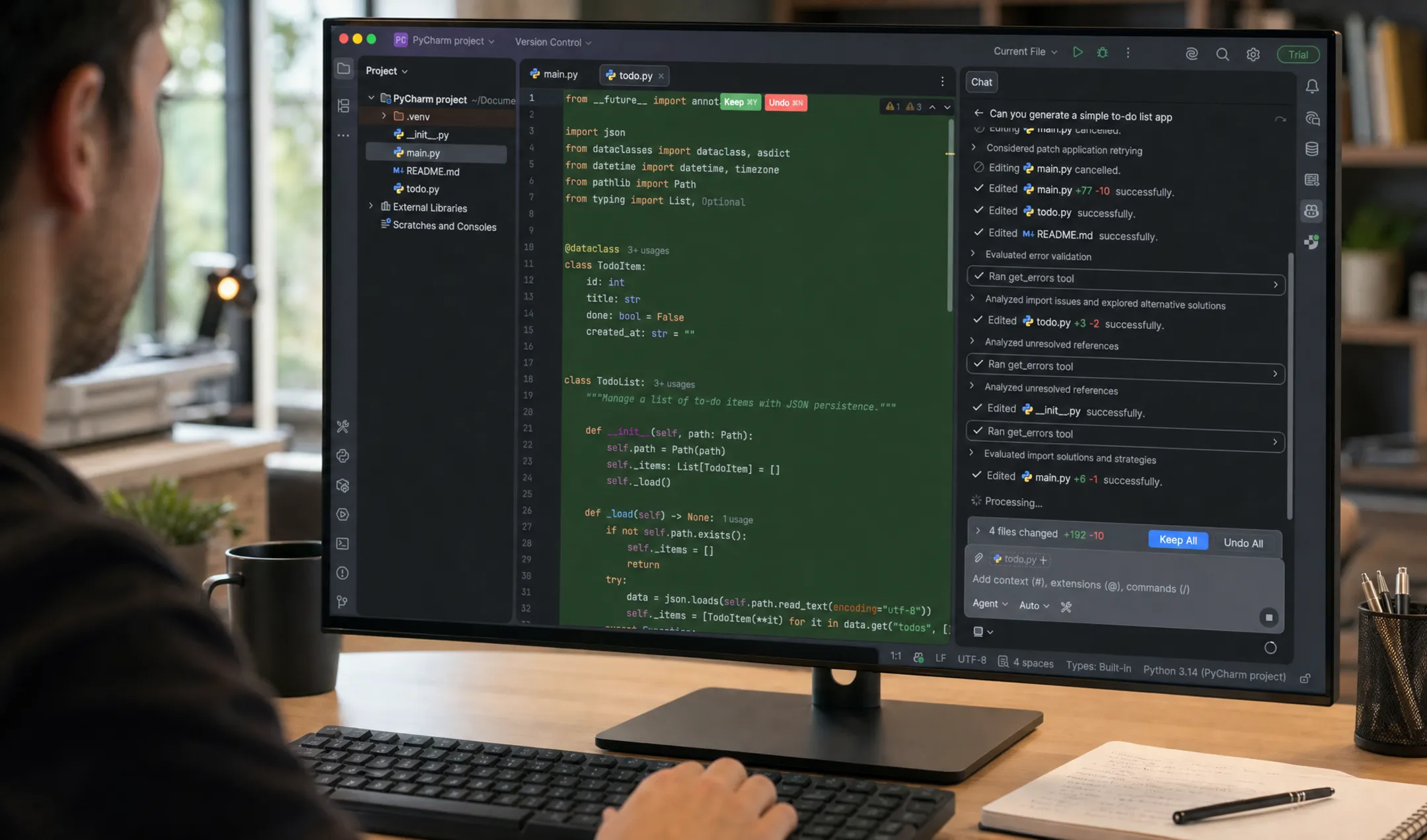 Developer using AI coding assistant tools for software refactoring
