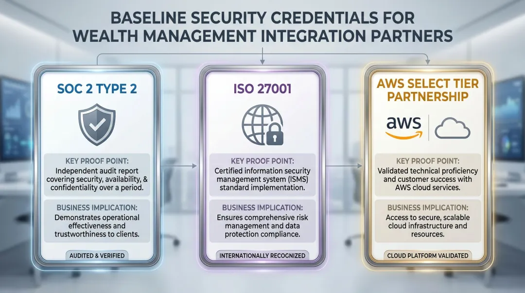 Security credentials comparison table showing SOC 2 ISO 27001 and AWS partner requirements