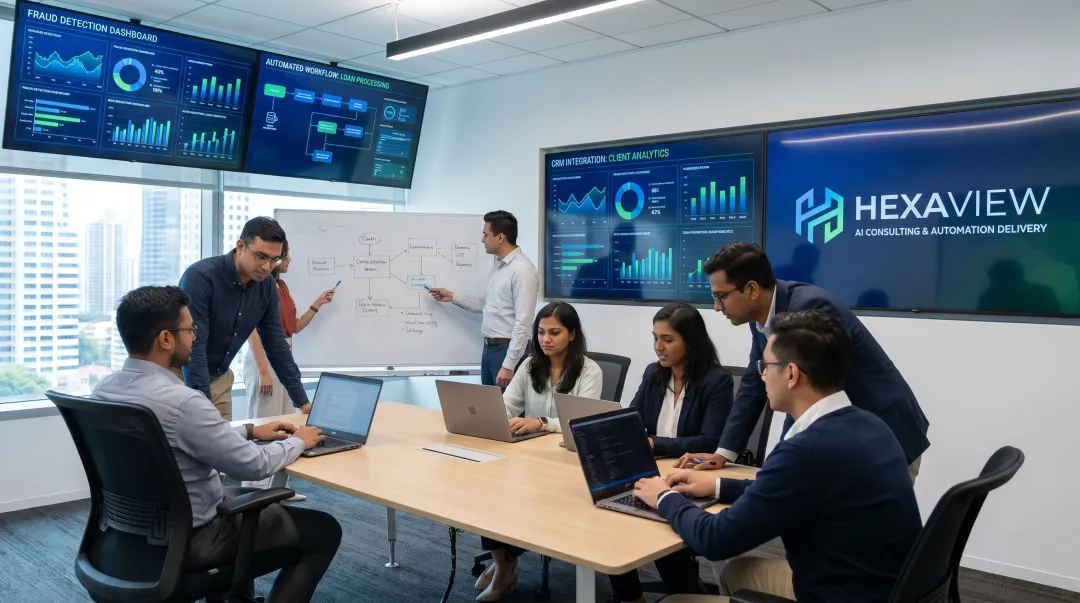 Hexaview fintech AI consulting team reviewing fraud detection and compliance automation dashboard