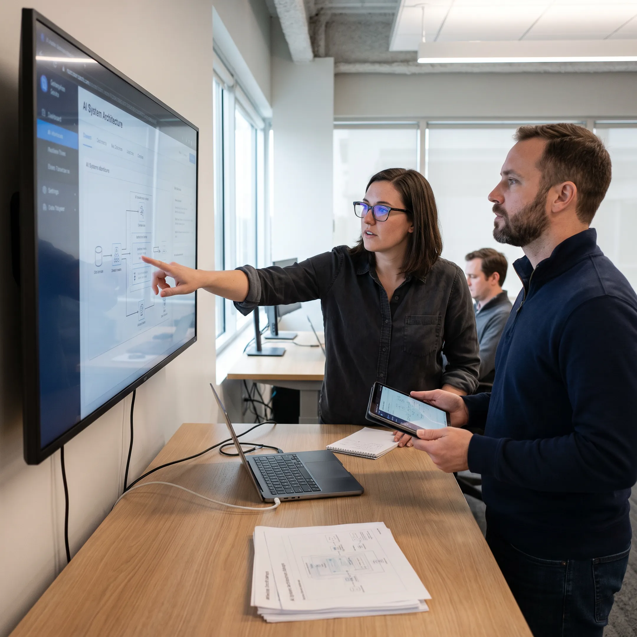 Engineers reviewing an enterprise AI software architecture