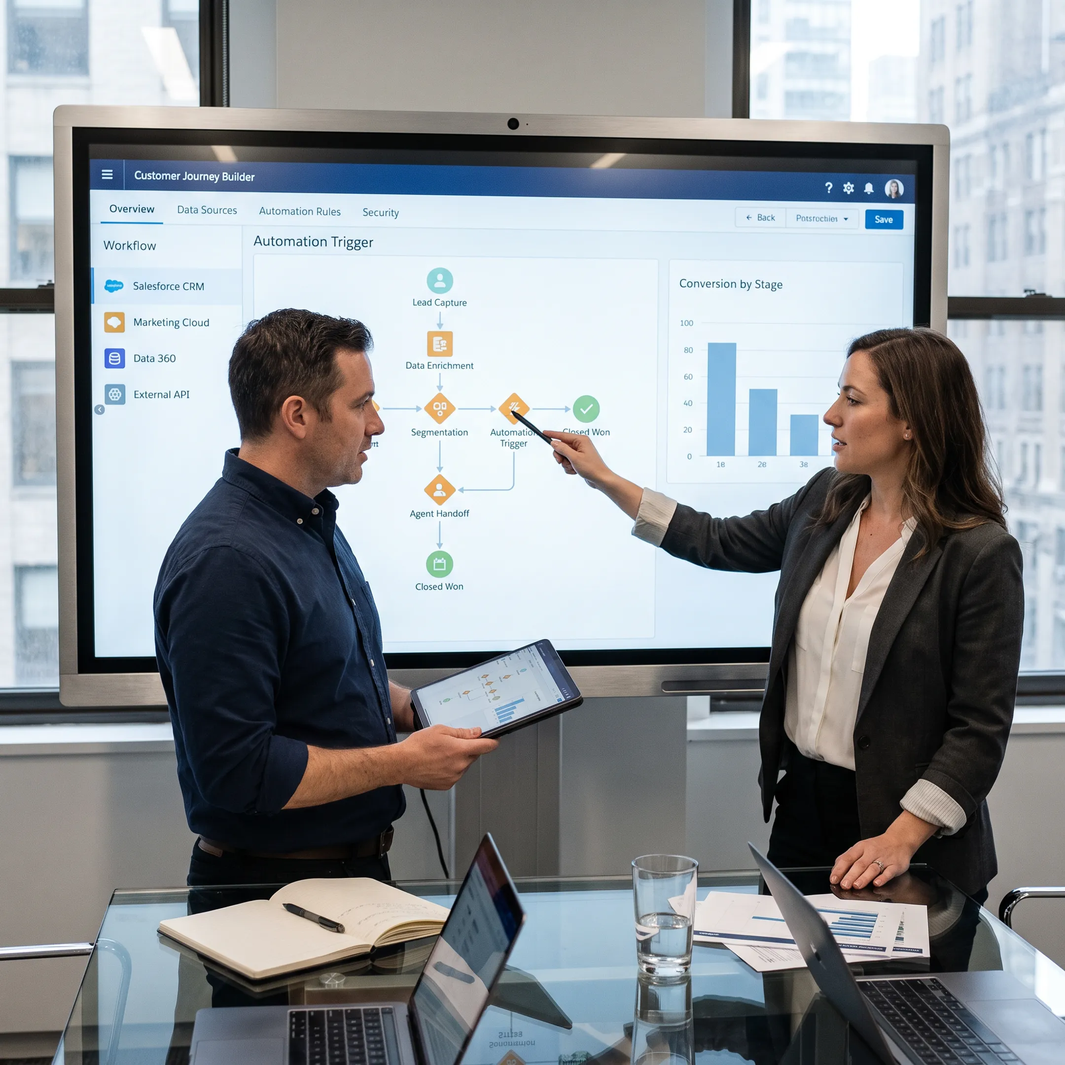 CRM specialists mapping customer data and workflows on a digital screen