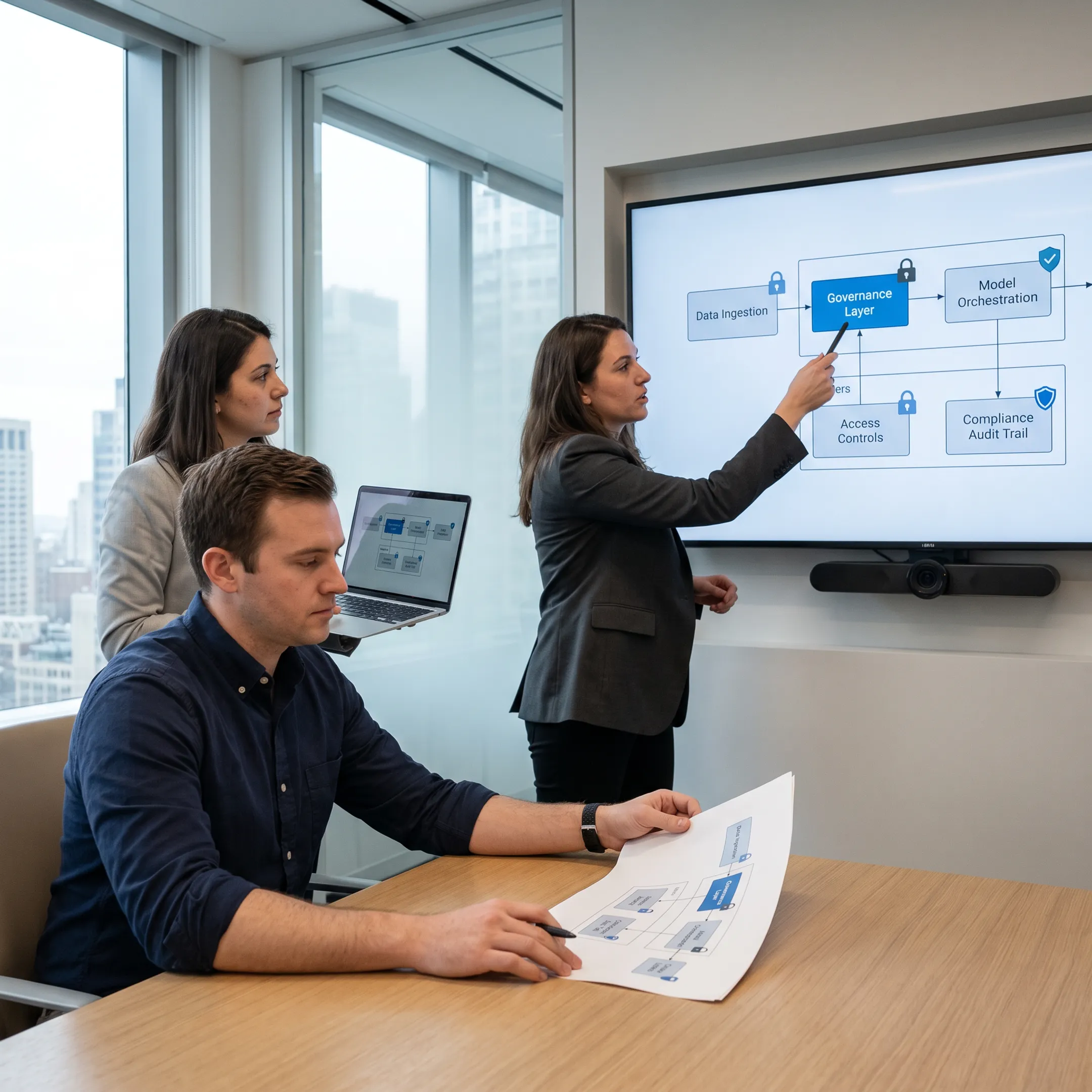 Consultants designing a governed healthcare AI solution