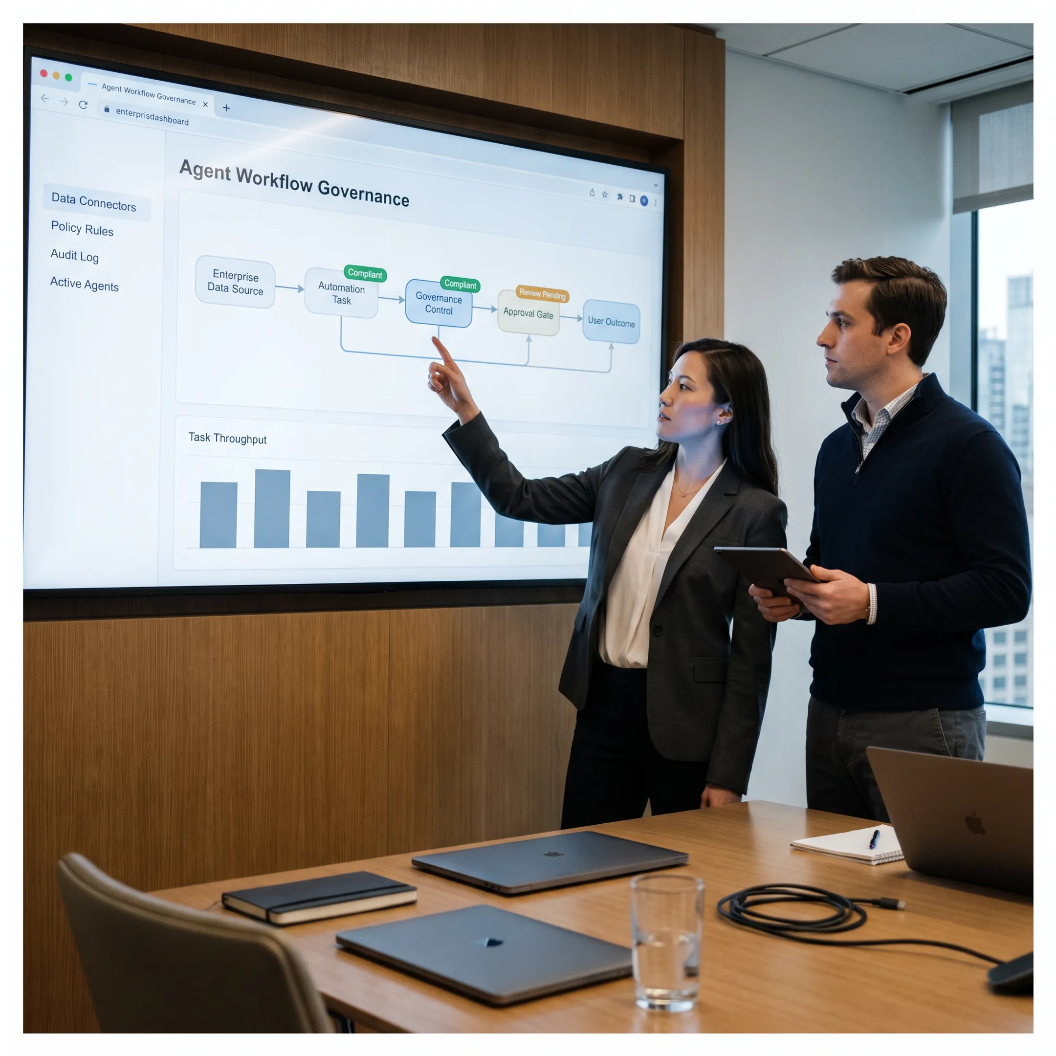 Consultants designing a governed enterprise AI agent workflow