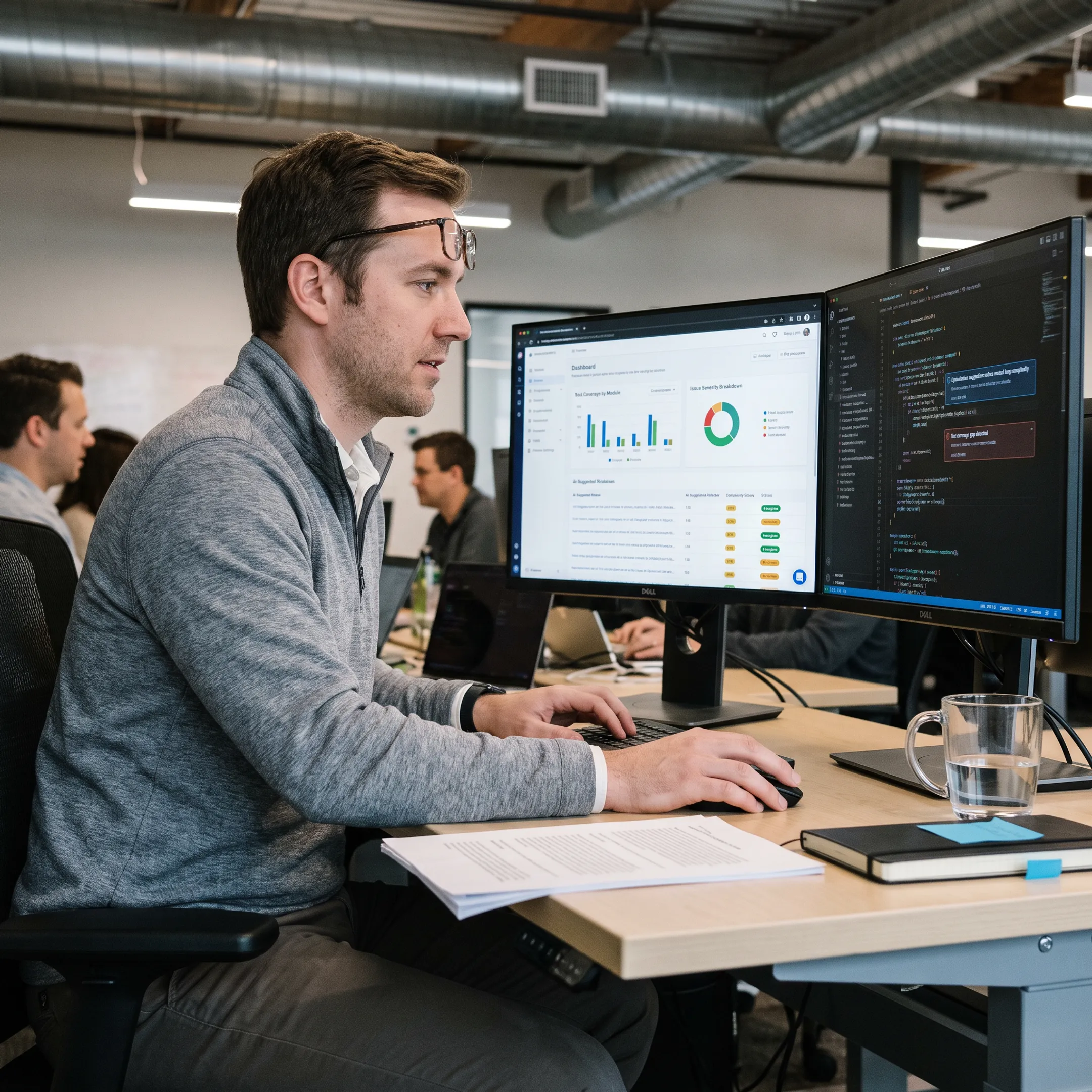 Engineer analyzing code quality and AI optimization results