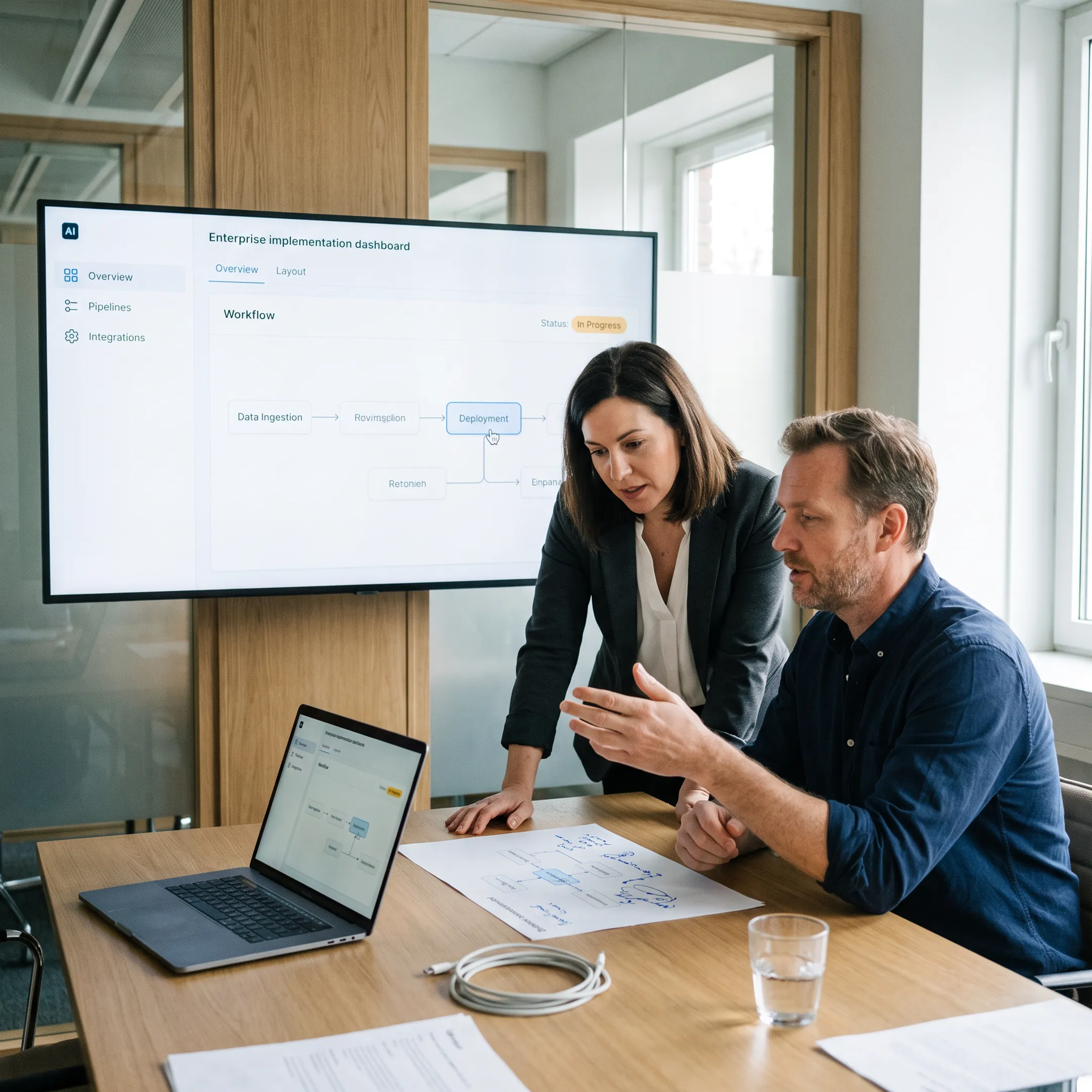 Consultants reviewing an enterprise AI implementation dashboard