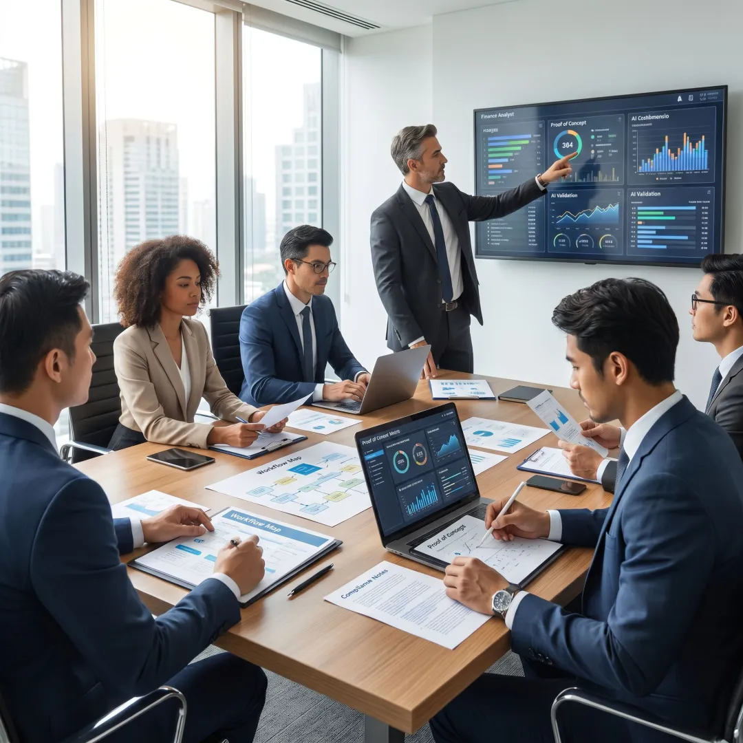 Analysts reviewing AI proof of concept results