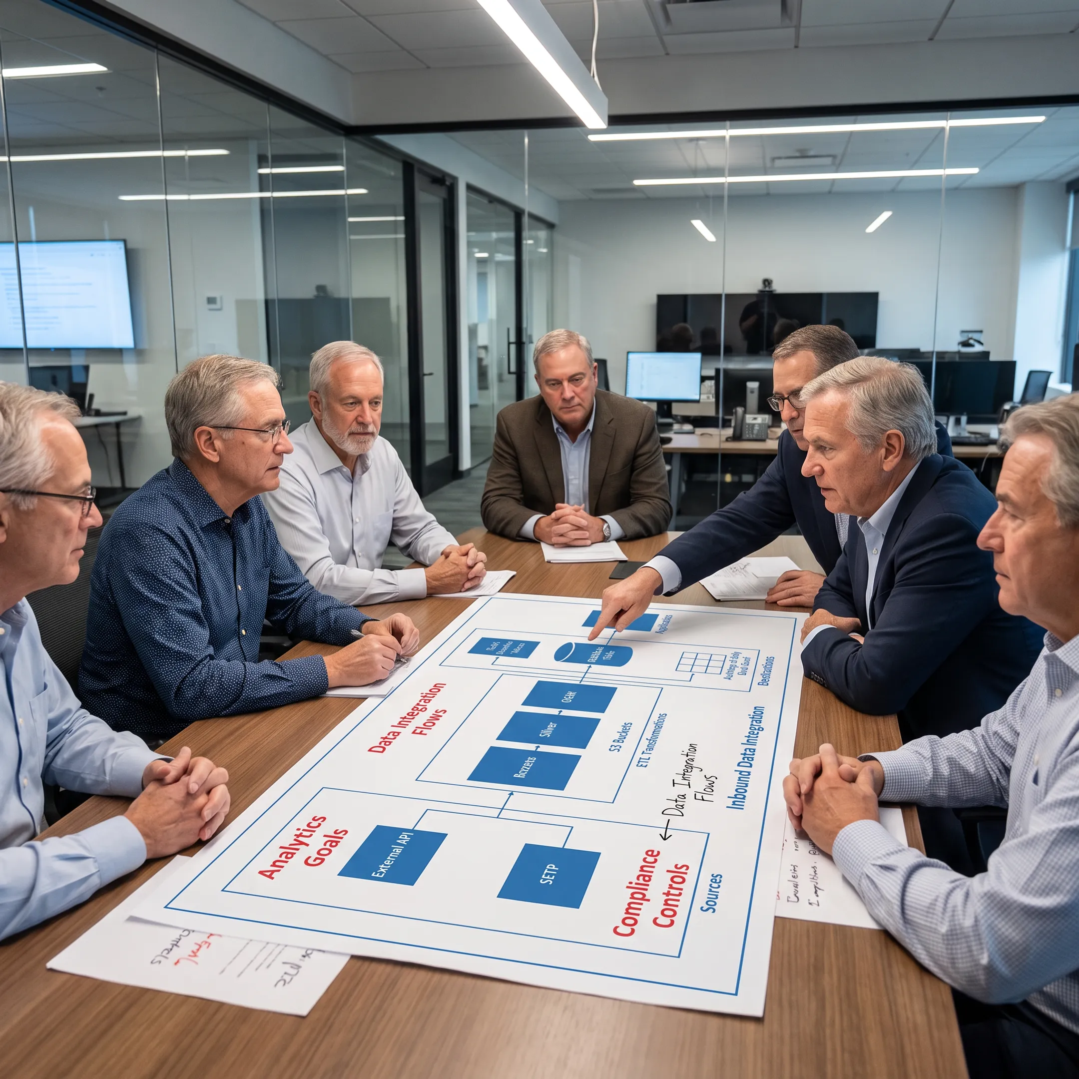 Team planning a governed cloud data warehouse architecture