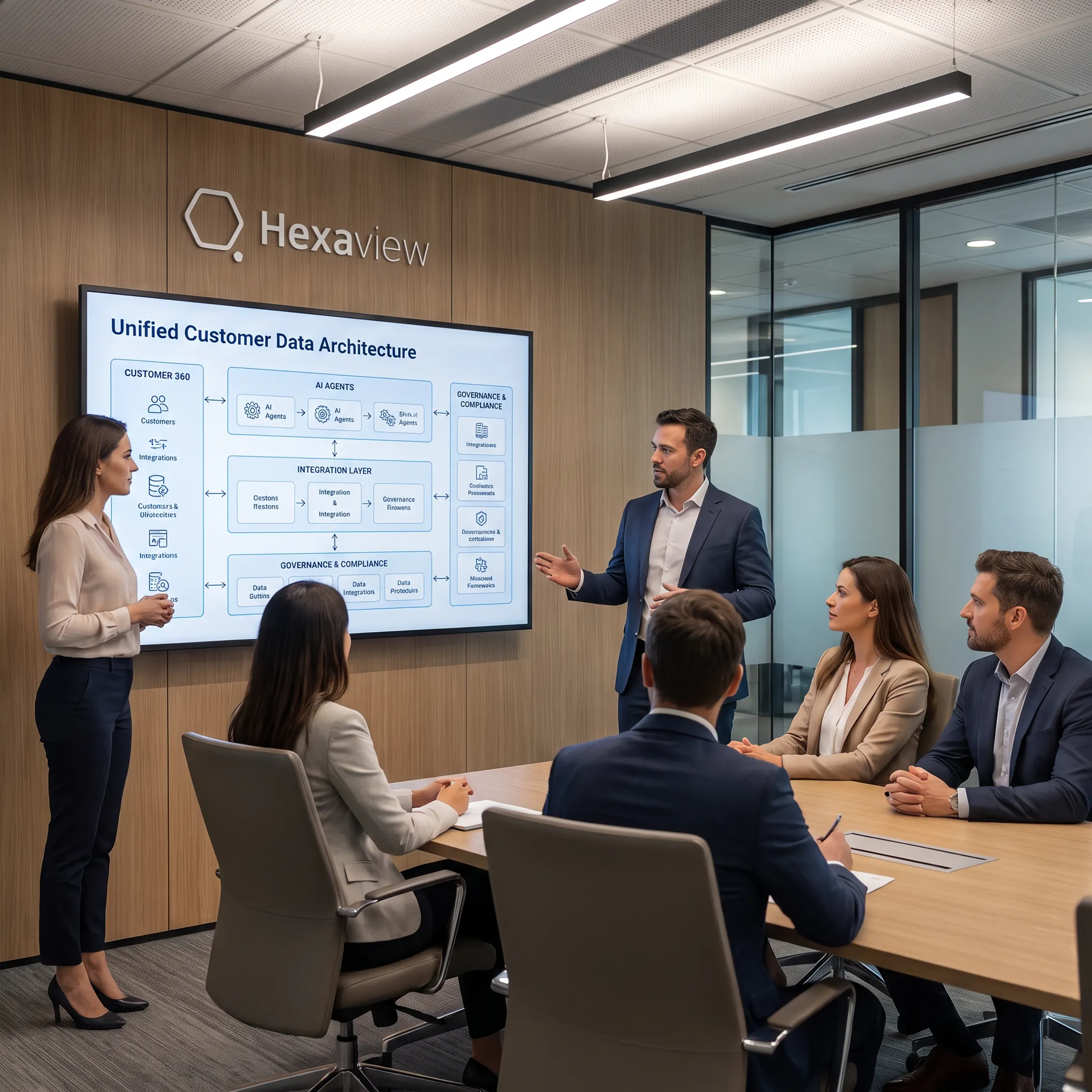 Consultants presenting an AI-powered Salesforce architecture to an enterprise team