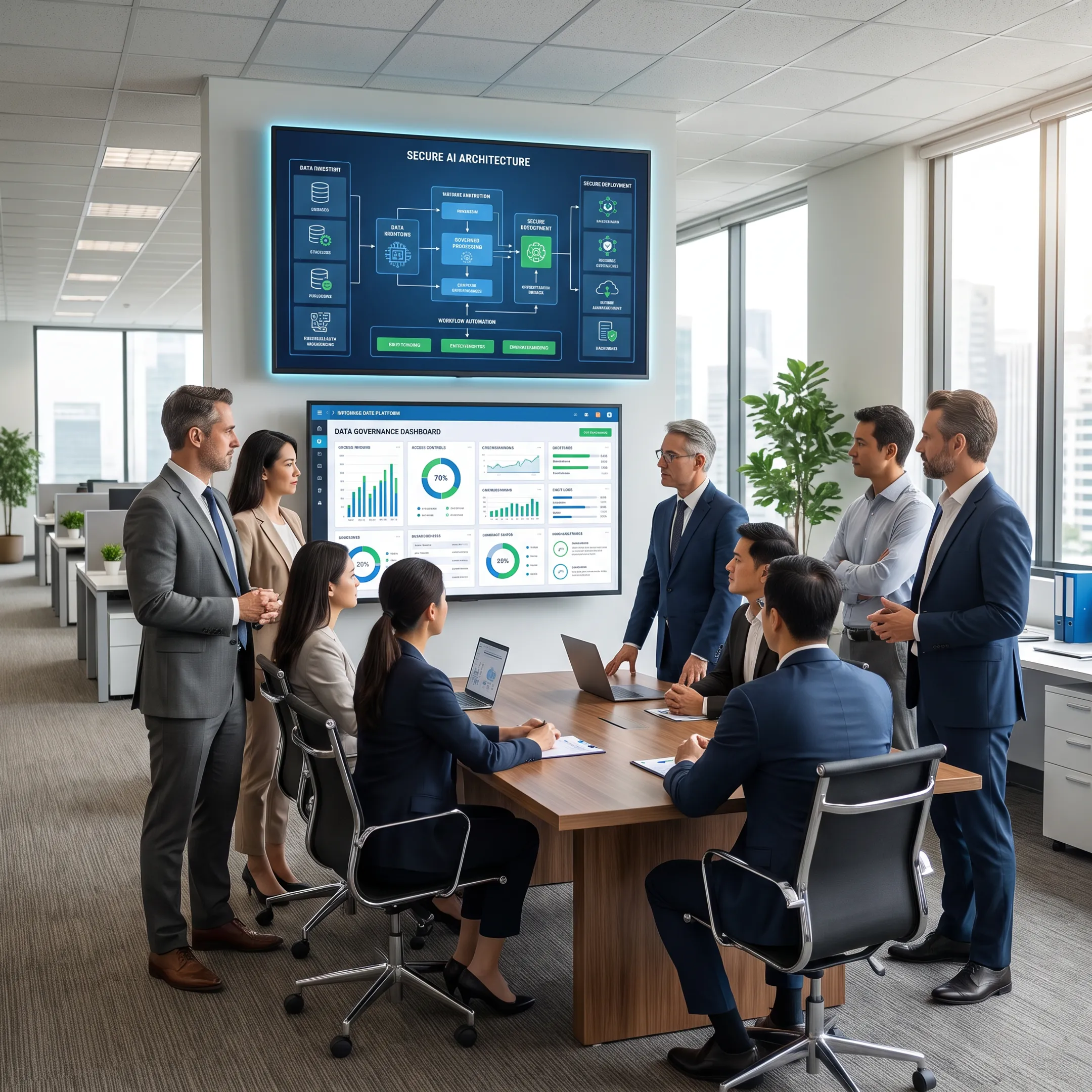 Consultants reviewing a governed AI platform architecture