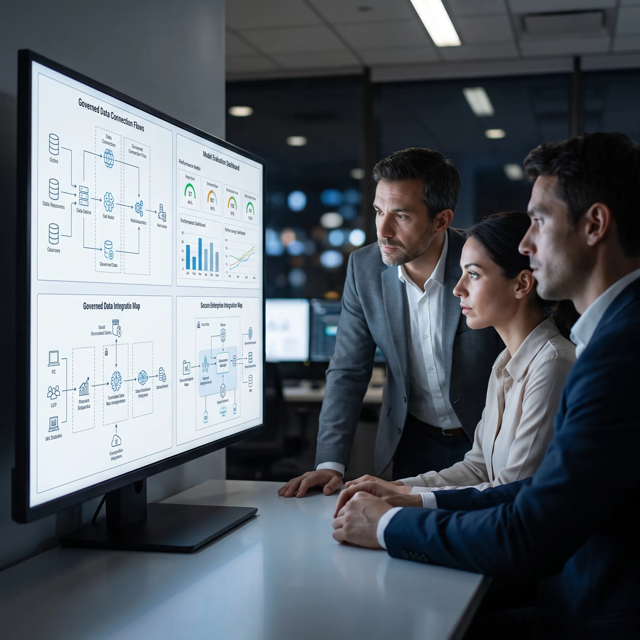 Custom language model architecture being reviewed by enterprise AI specialists