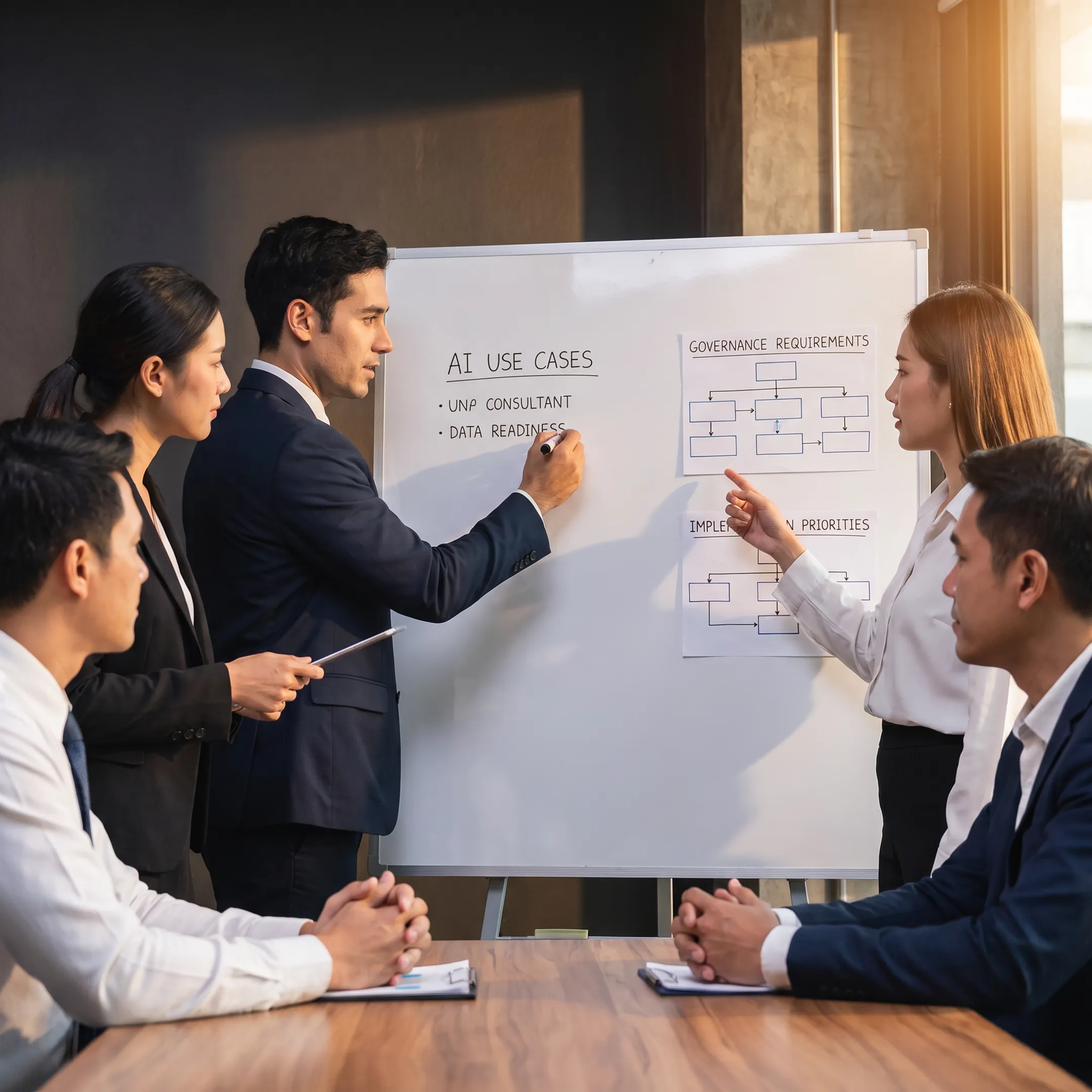 Consultants mapping an AI transformation strategy with enterprise stakeholders